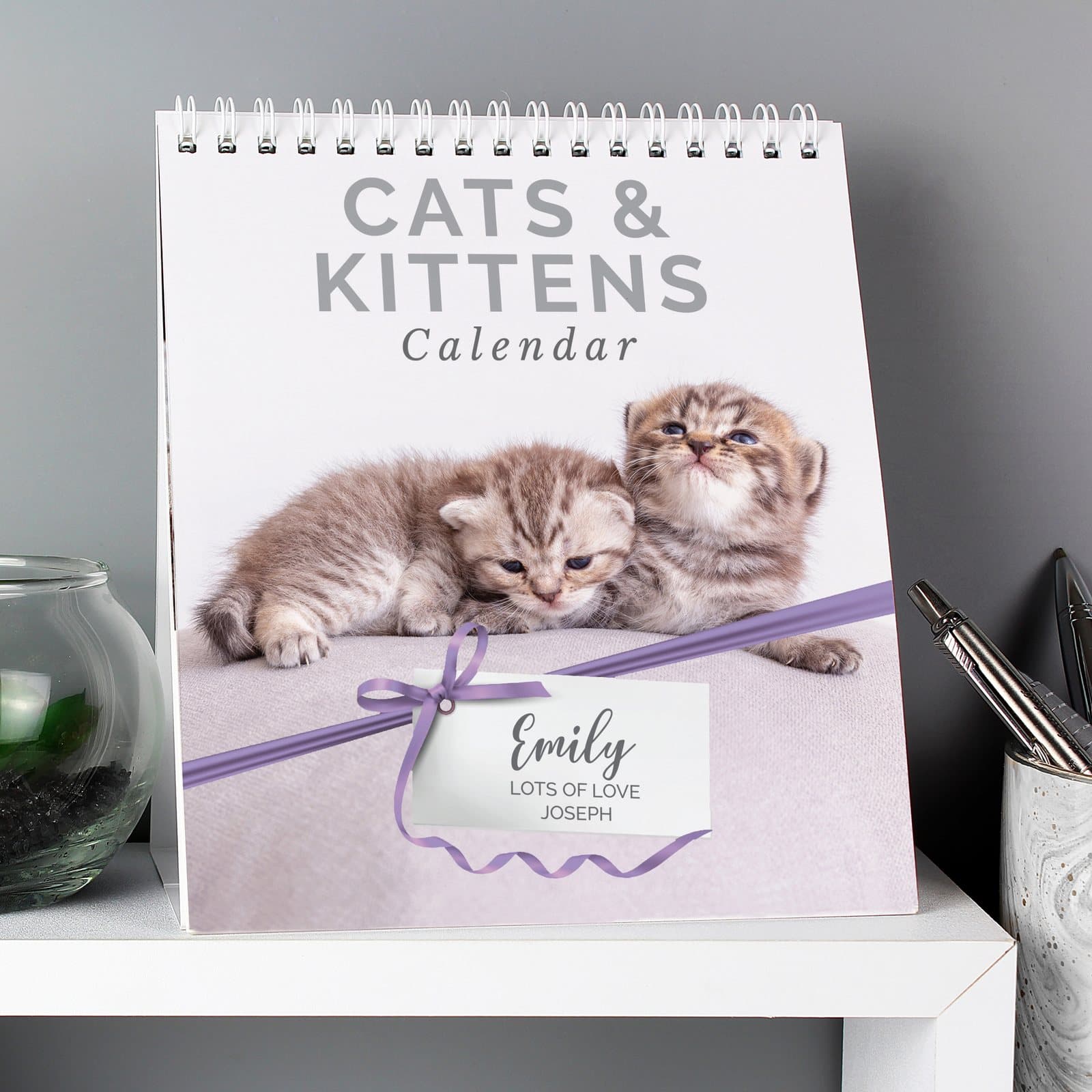 Personalised cats and kittens desk calendar with a name on the front cover