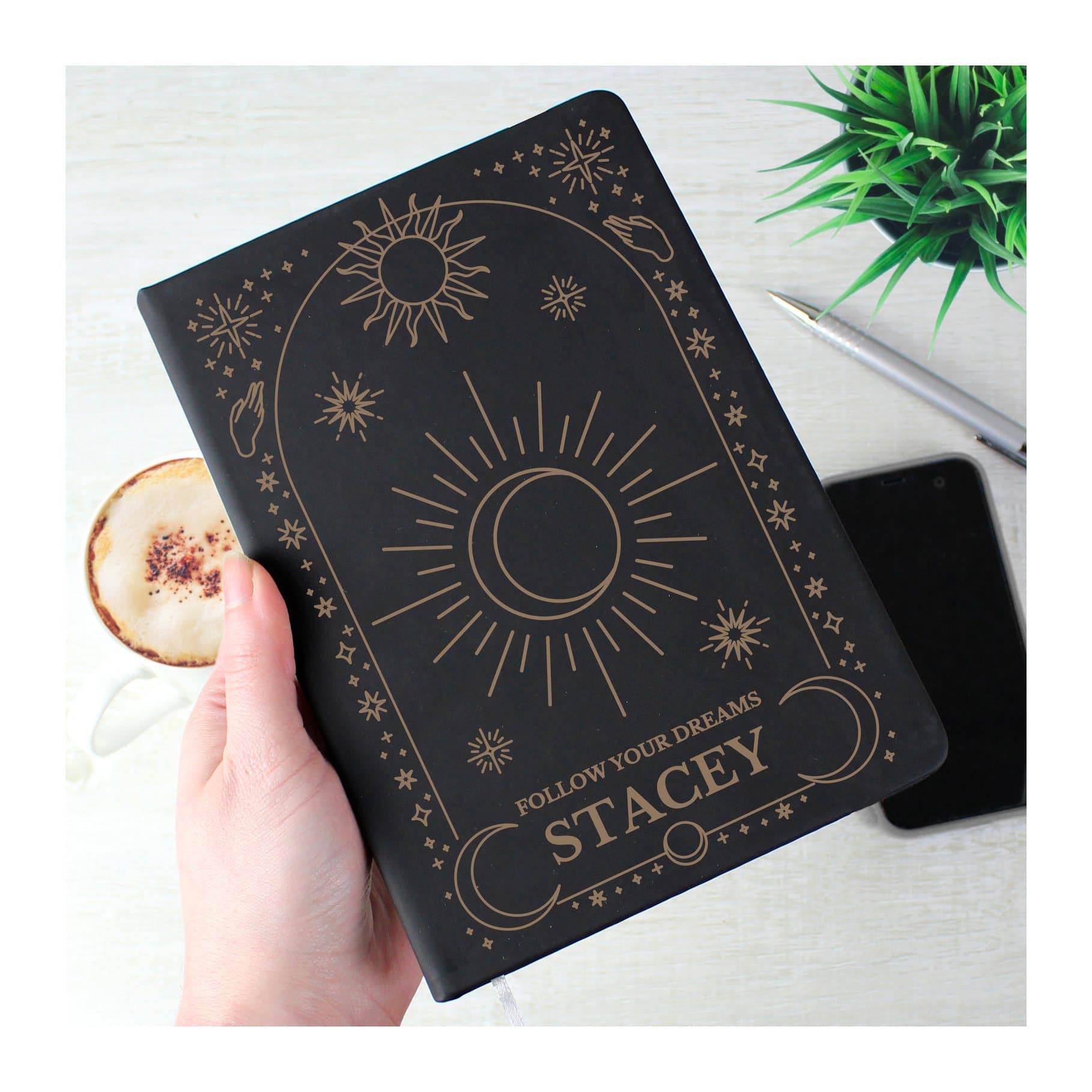 Black hardback A5 notebook with personalised text