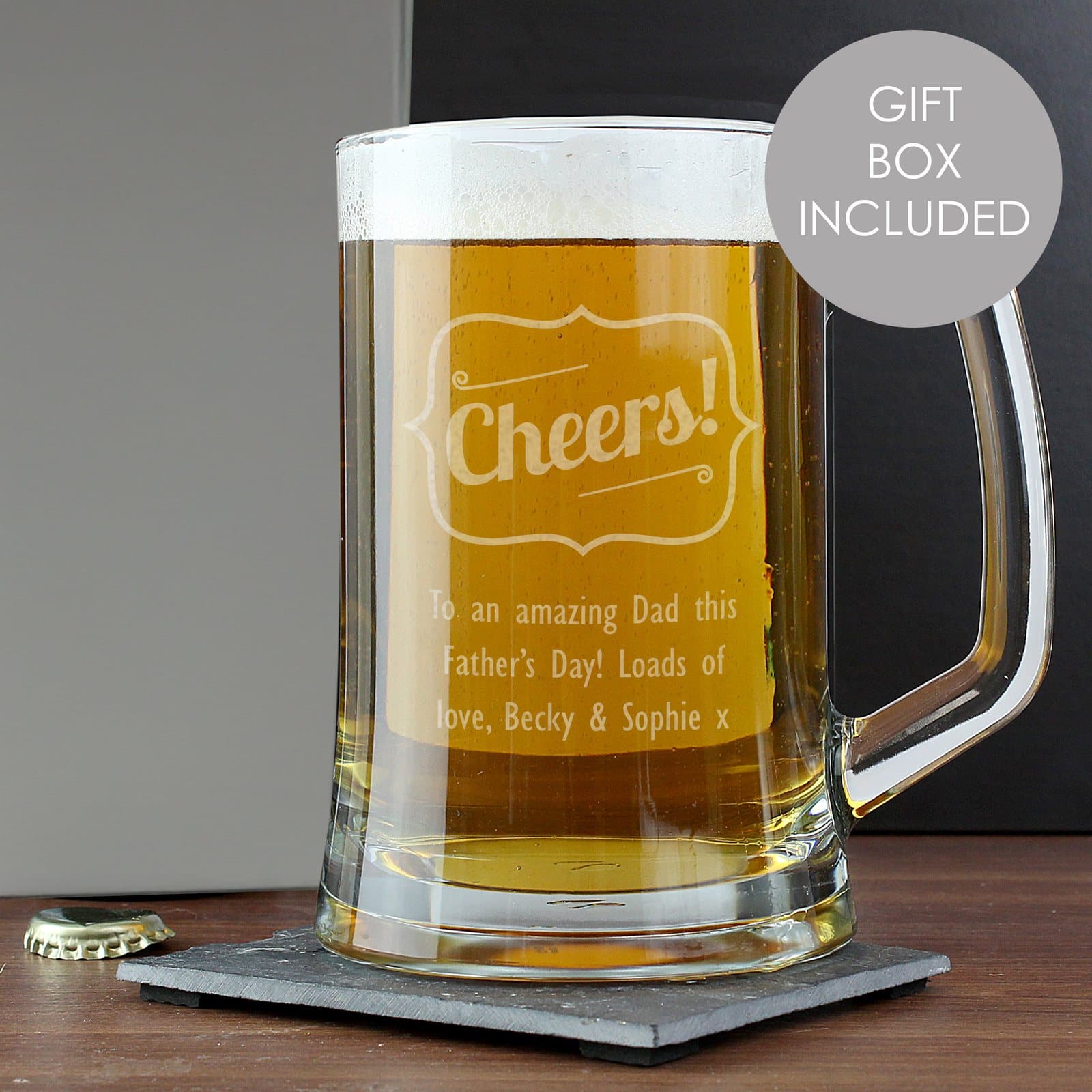 Personalised Cheers glass pint stern tankard with three lines of text