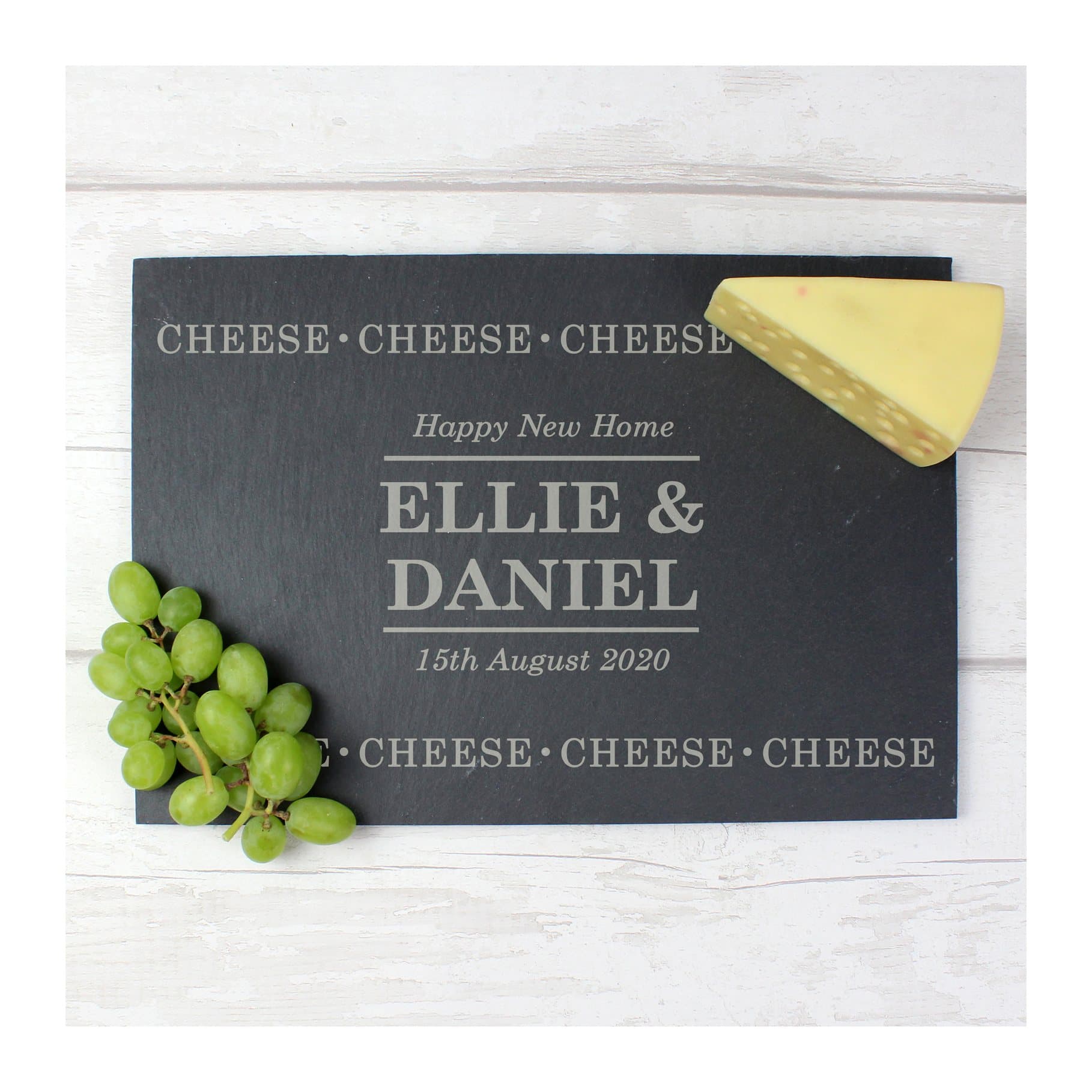 Rectangle slate cheese board with repeated Cheese wording and personalised lines