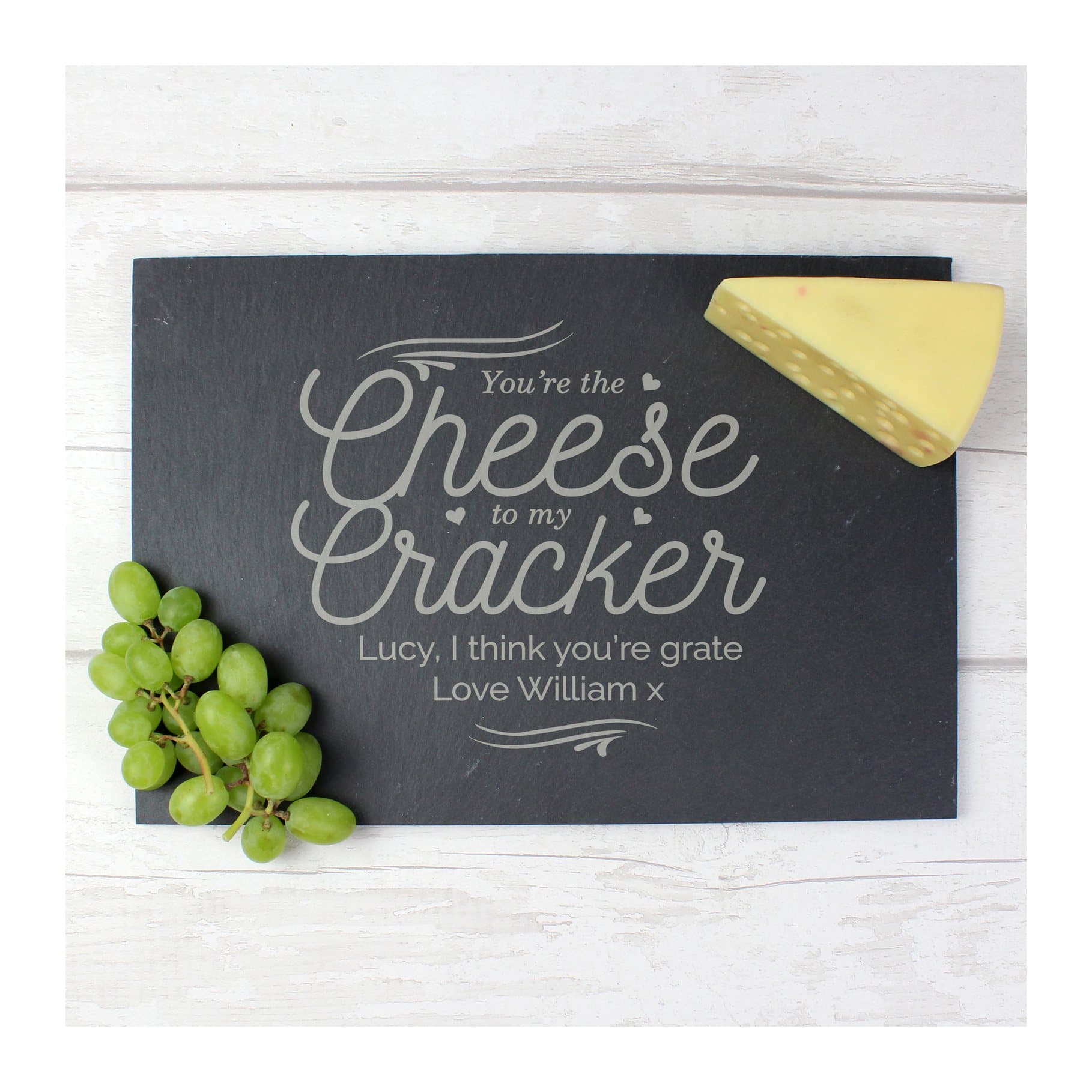 Rectangle slate cheese board with Cheese To My Cracker wording and personalised lines