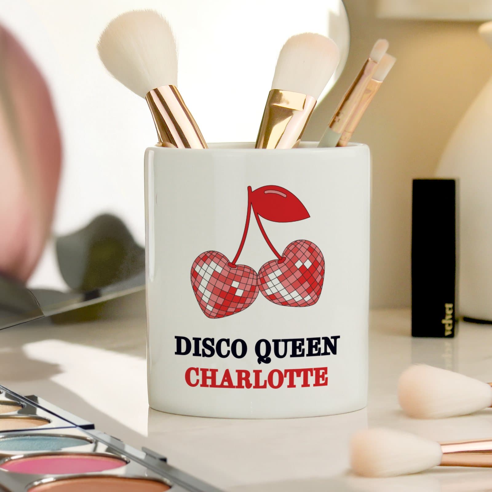 Ceramic make up brush holder with a cherry design and personalised text