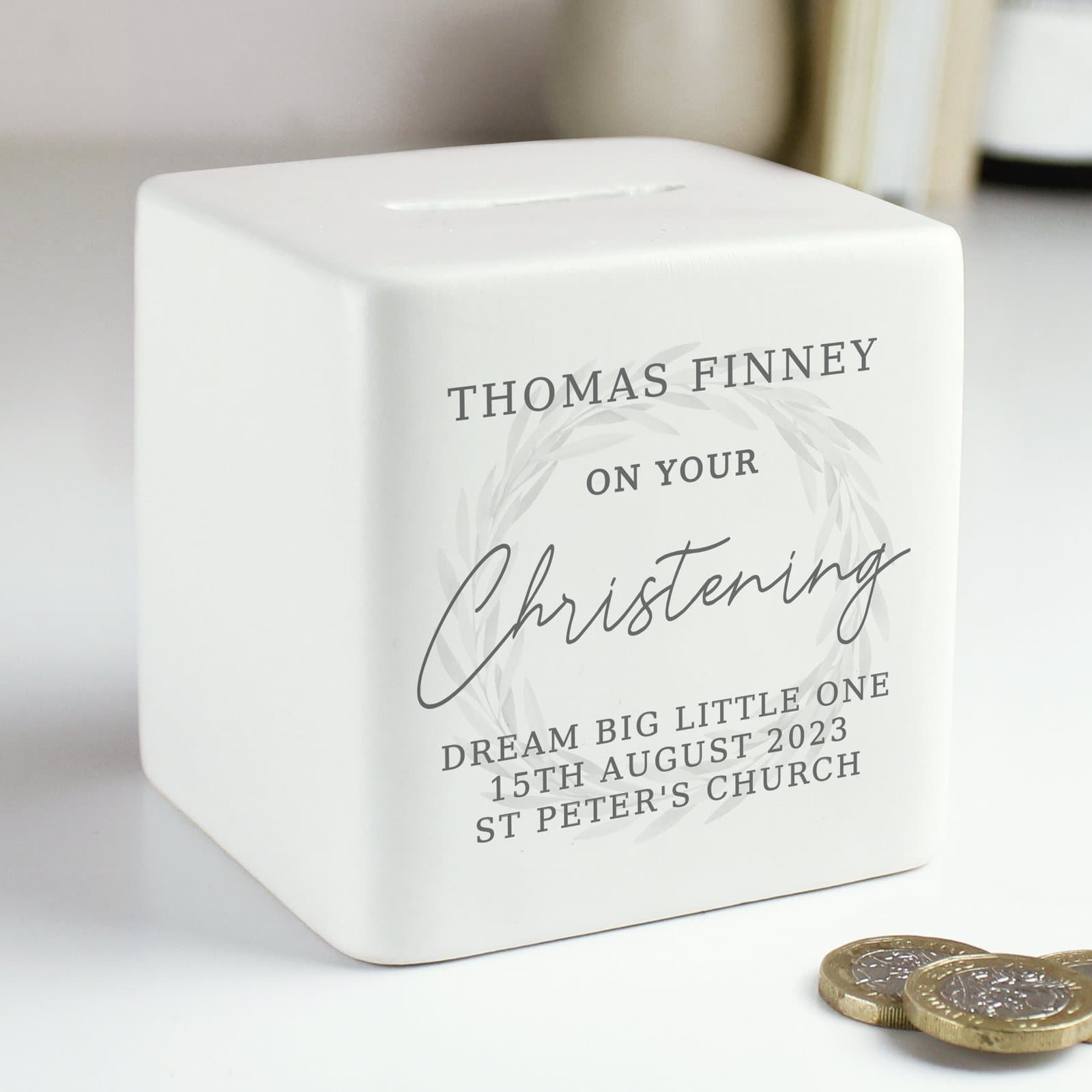 Square ceramic christening money box with personalised text