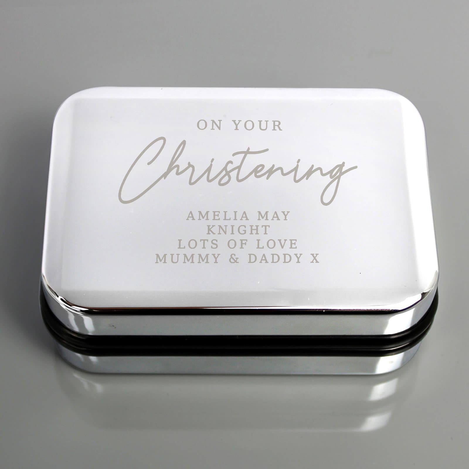 Personalised christening necklace box with a four-line message
