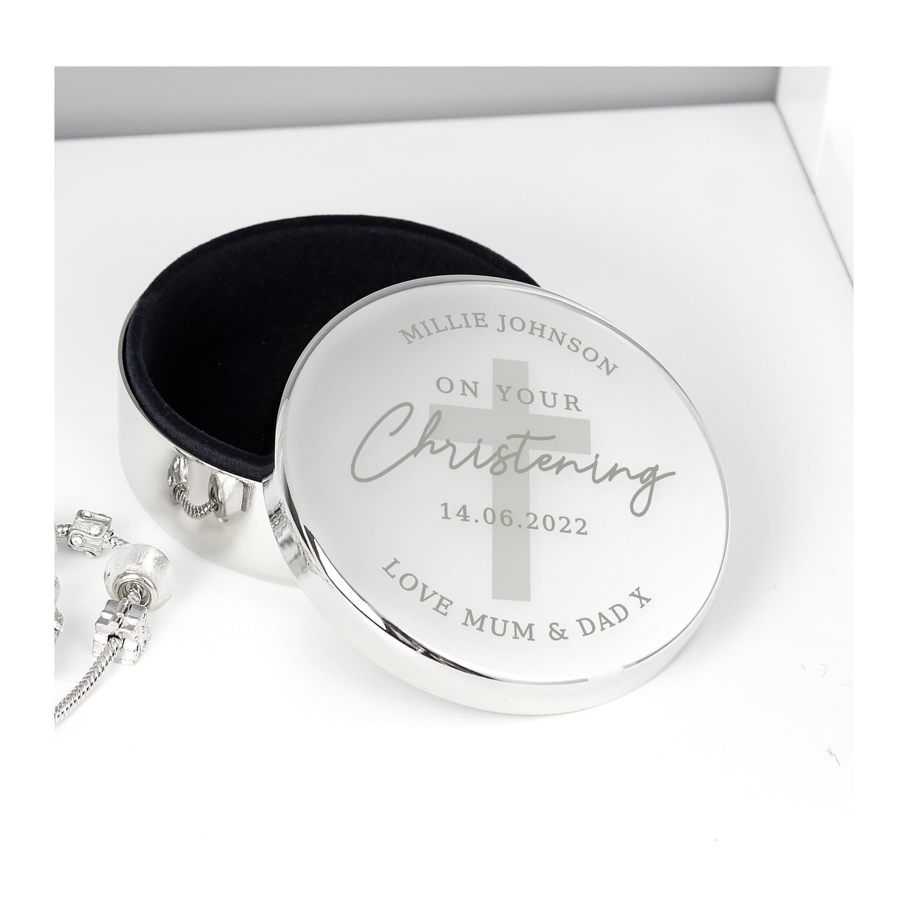 Round personalised christening trinket box