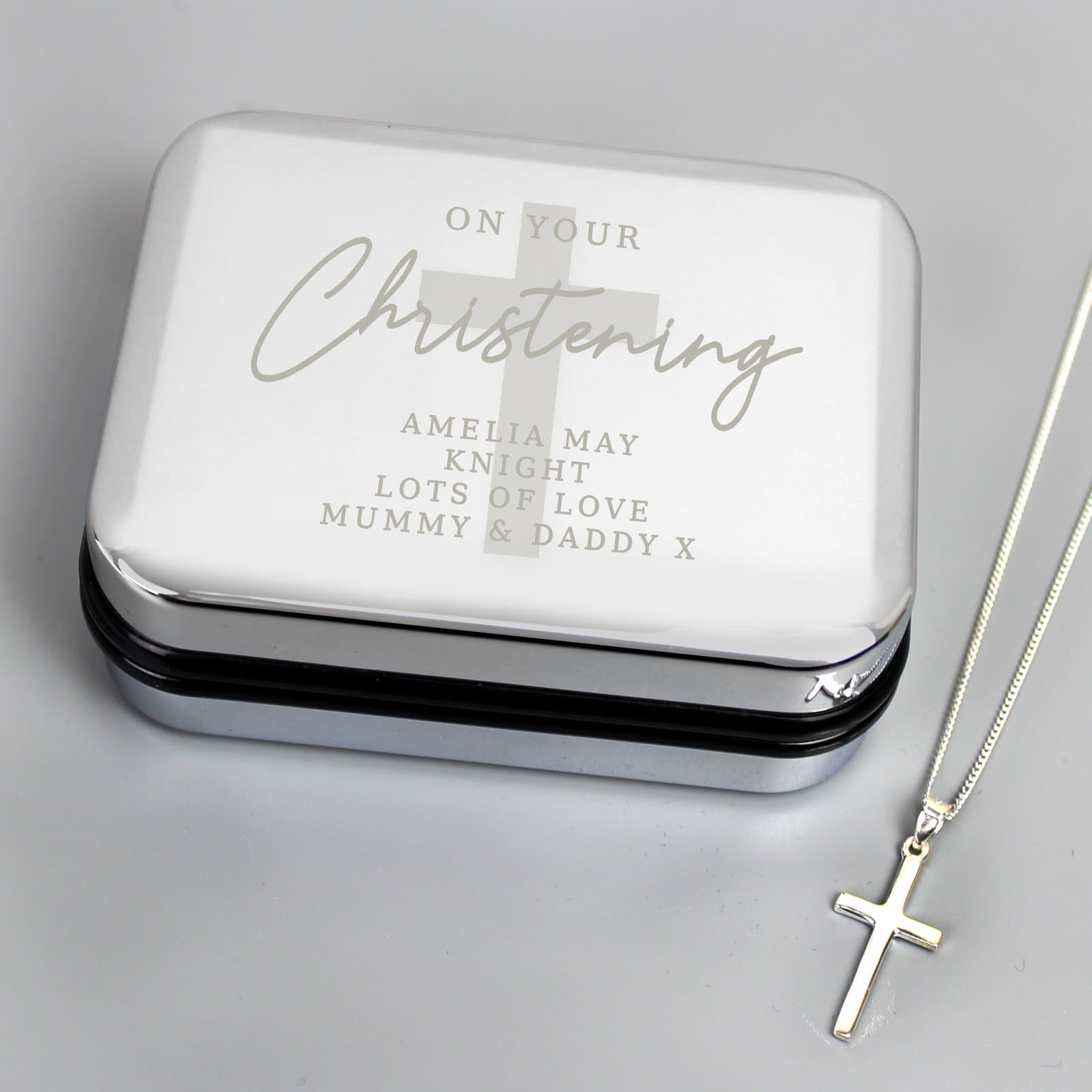 Personalised christening trinket box with a cross necklace