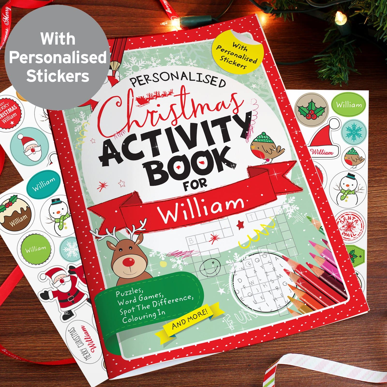 Personalised Christmas activity book with stickers and a child's name on the cover