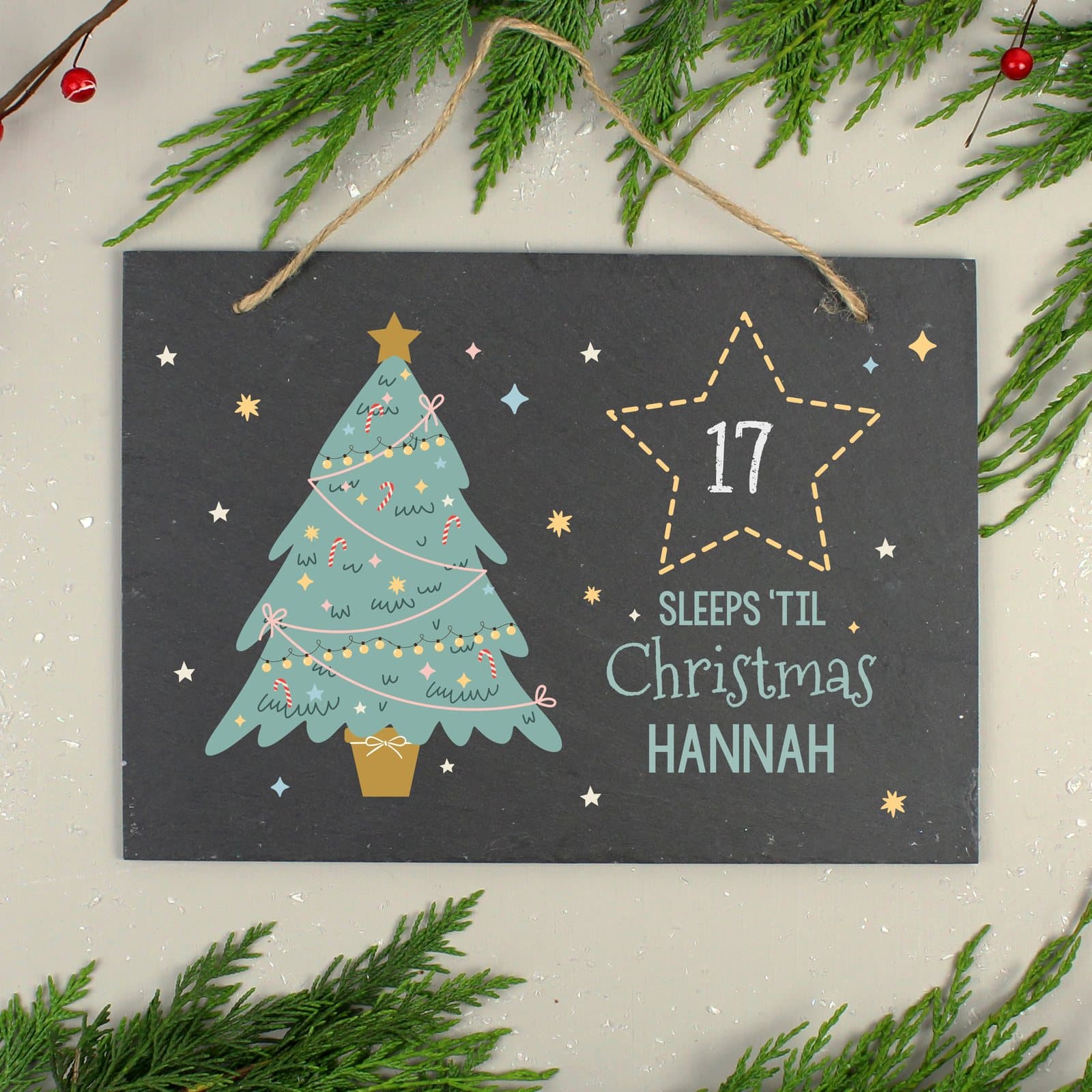 Large hanging slate Christmas countdown sign with a name and Sleeps 'til Christmas text