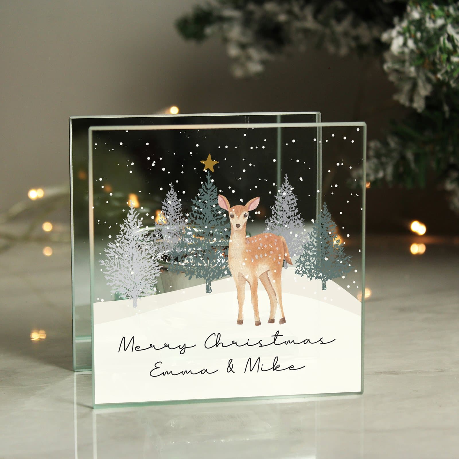 Mirrored glass deer tea light holder with a personalised message