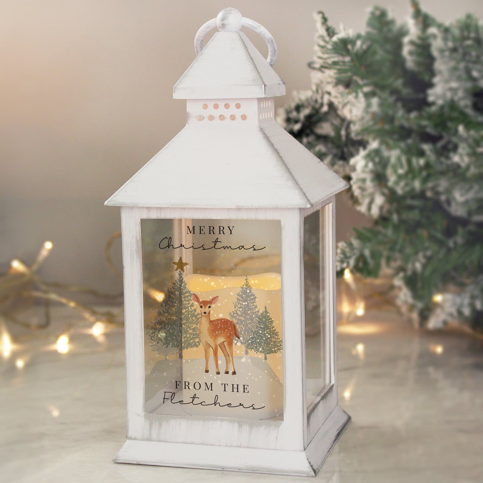 White LED Christmas lantern with deer design and personalised message lines