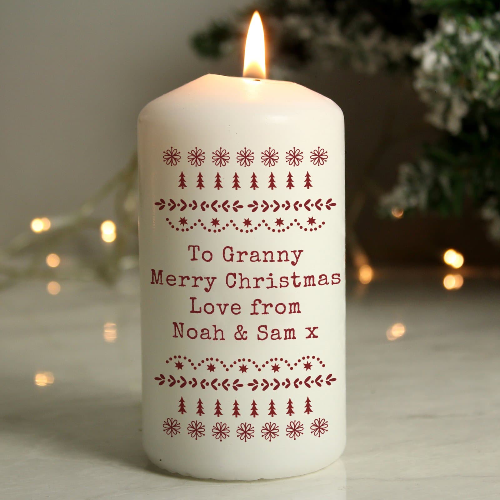 Fair Isle design pillar candle with four lines of personalised text