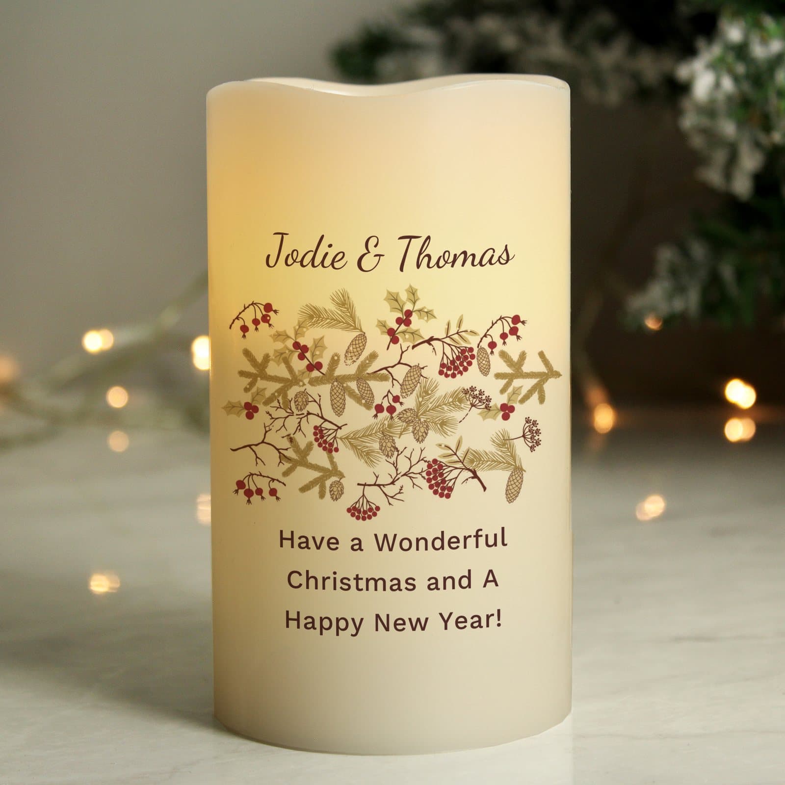 Floral LED candle with four lines of personalised Christmas text