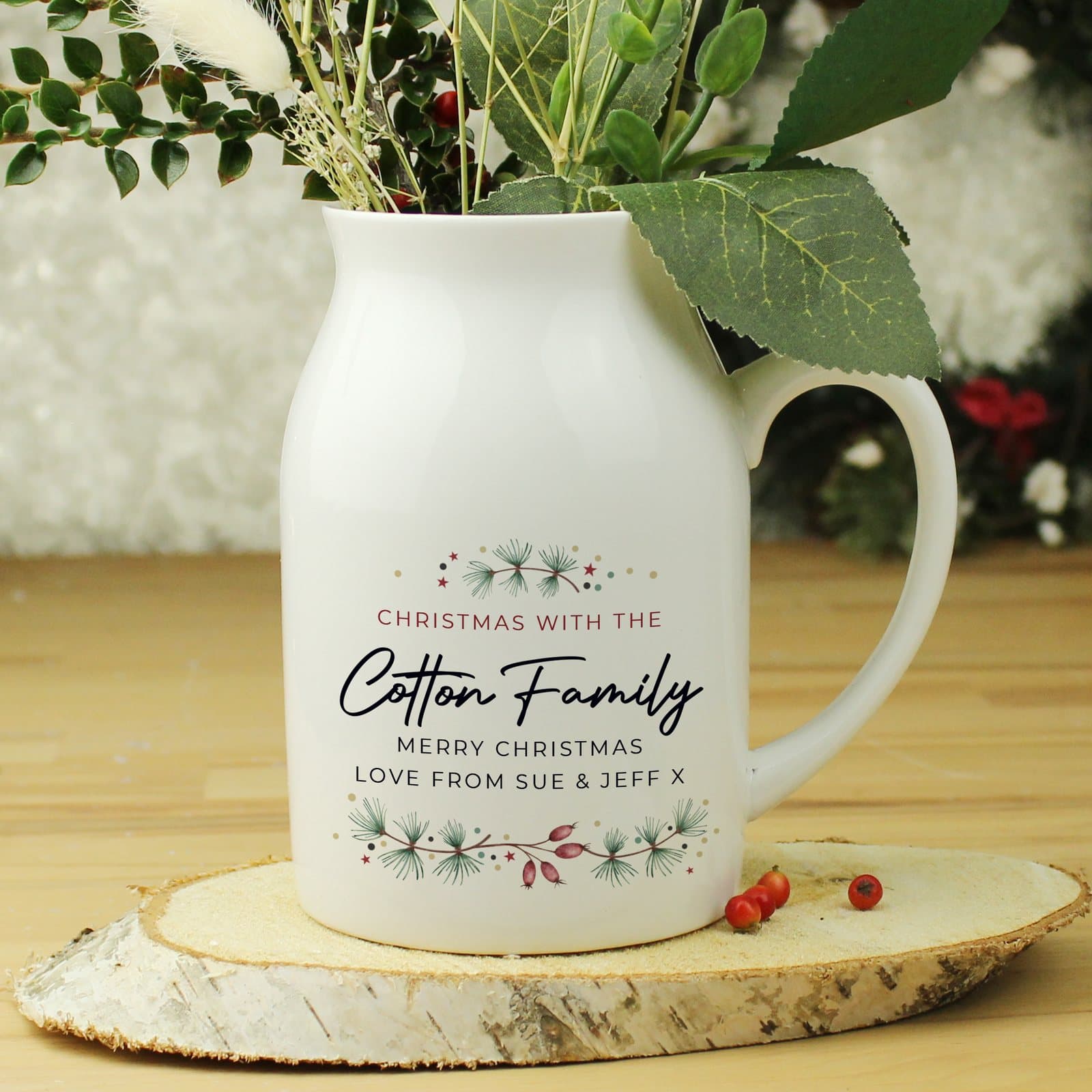 Ceramic Christmas flower jug with personalised lines of text
