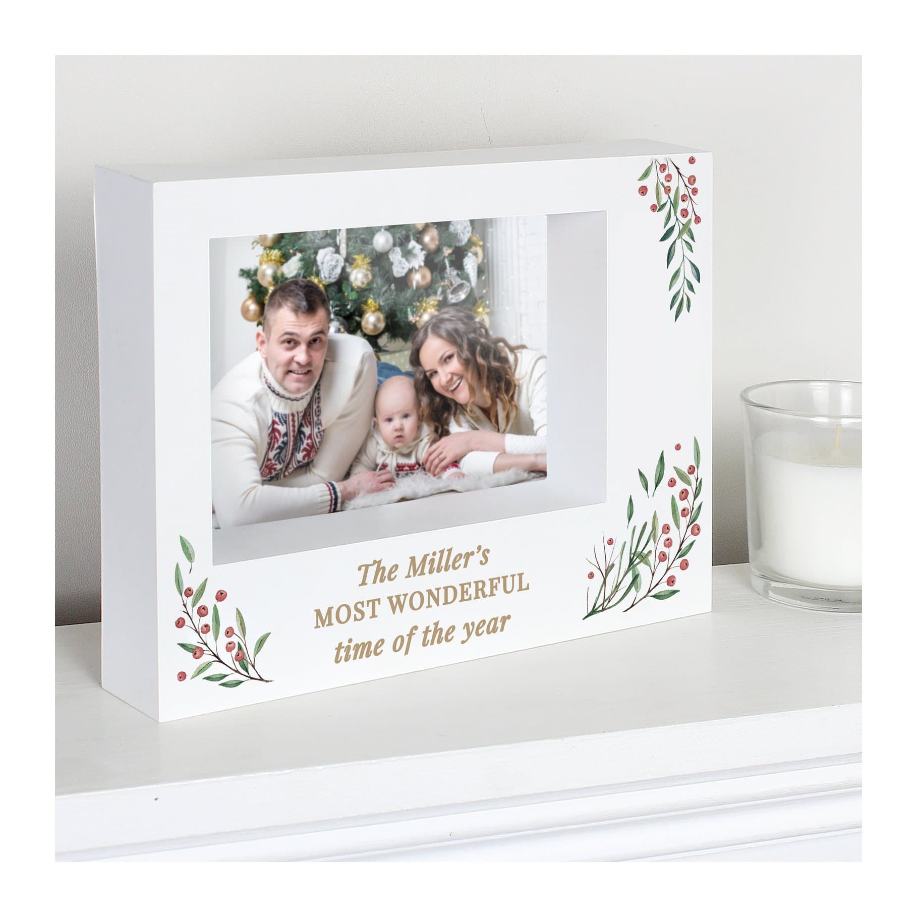 Personalised Christmas foliage box photo frame with three lines of text