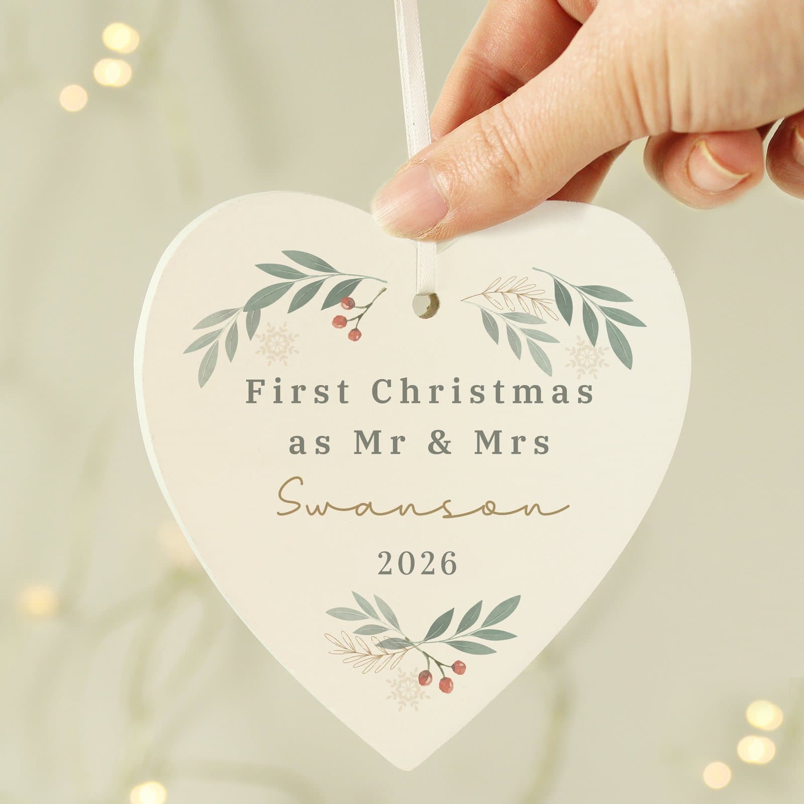 Wooden foliage heart Christmas decoration with ribbon and personalised text and year
