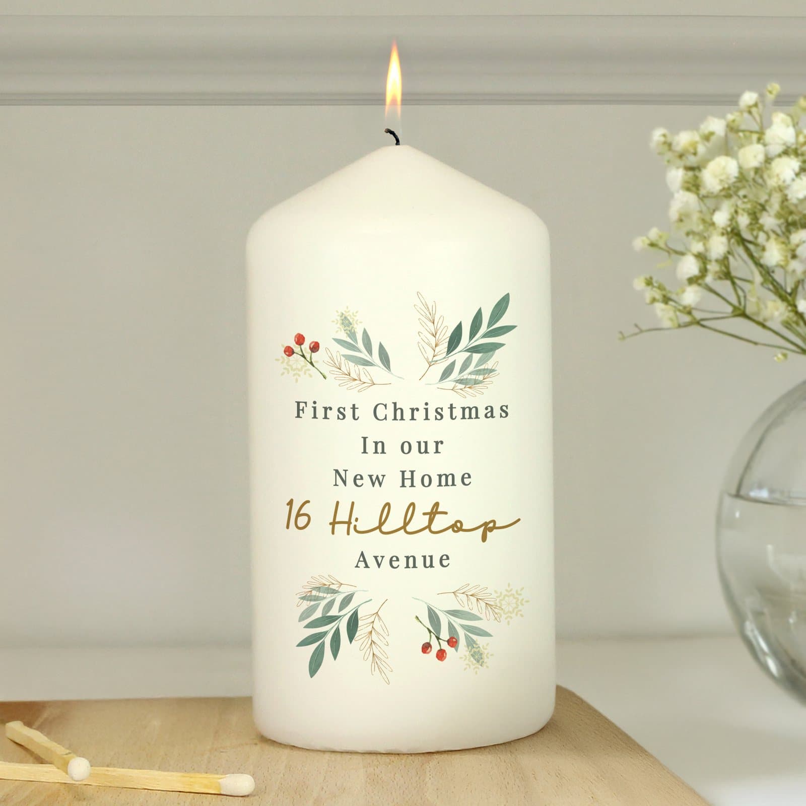 Foliage design pillar candle with five lines of personalised text