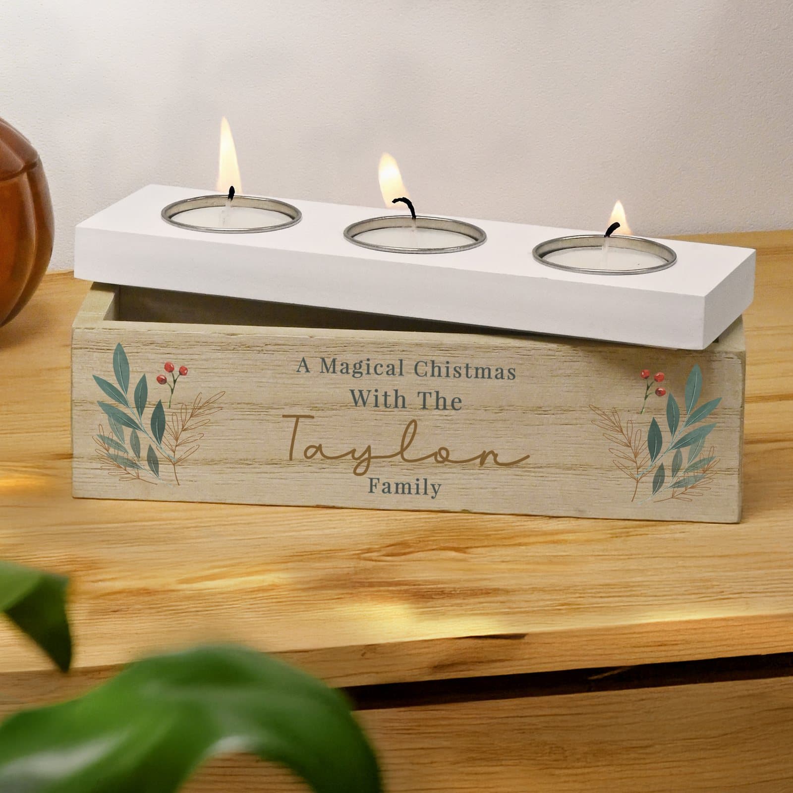 Wooden shabby chic triple tea light box