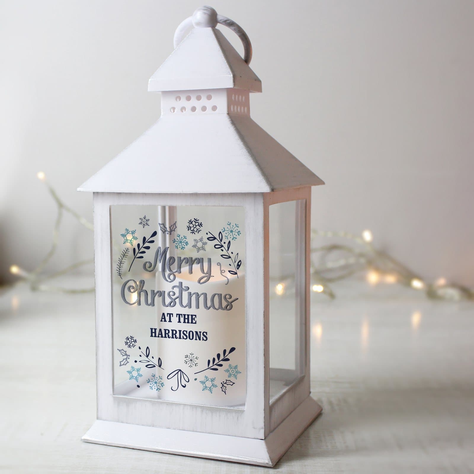 Frost white Christmas lantern with a hoop on top and personalised text