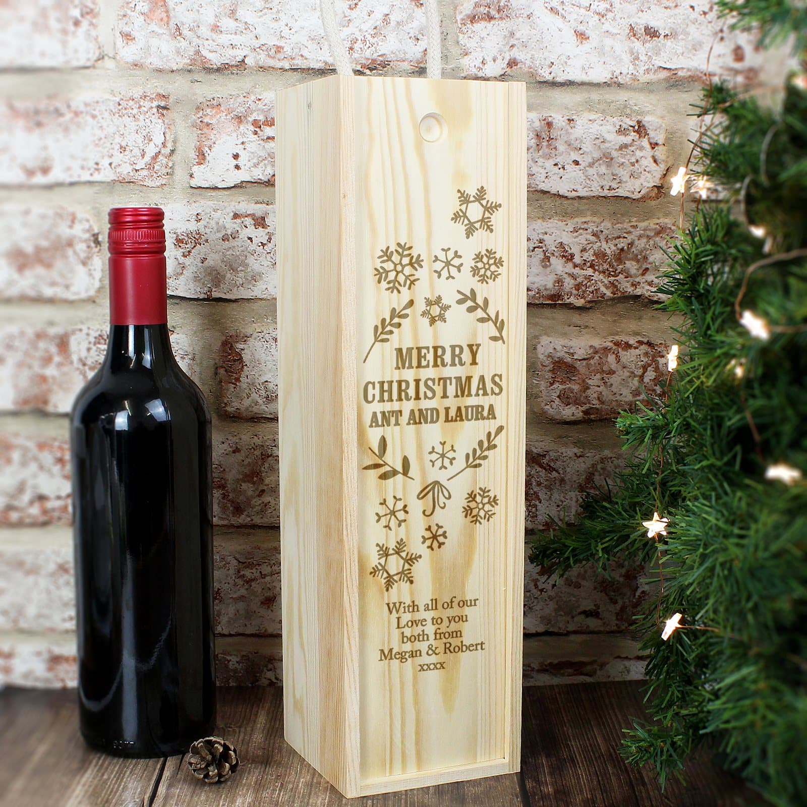 Wooden Christmas Frost wine bottle box with a Merry Christmas motif and personal message