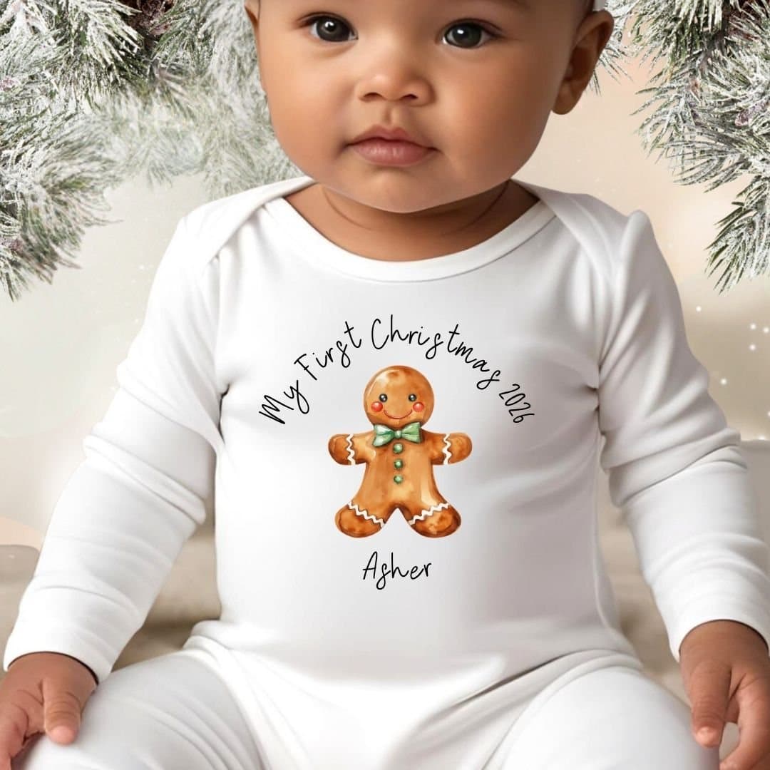 Personalised Christmas baby vest with a gingerbread man design