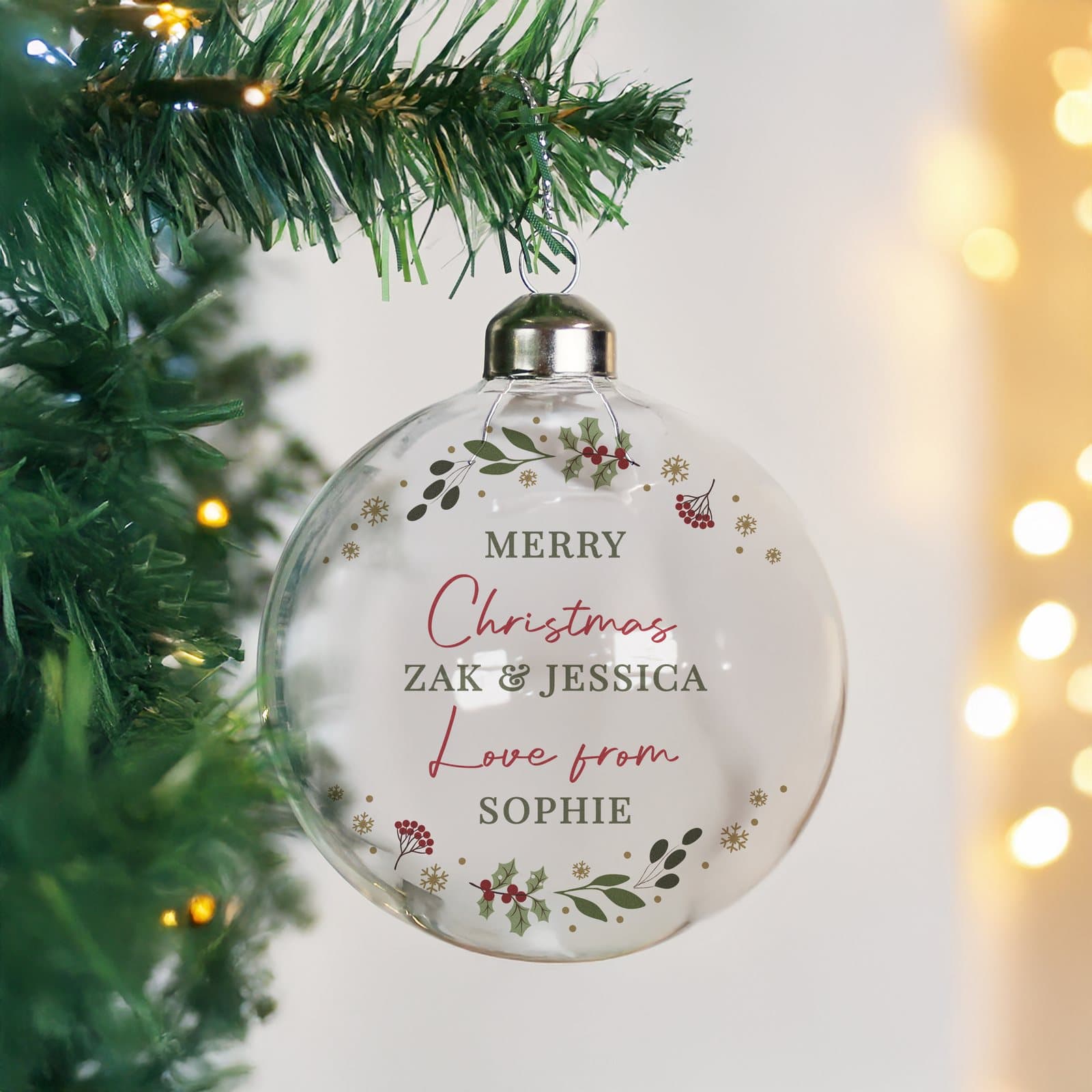Glass Christmas bauble with five lines of personalised text