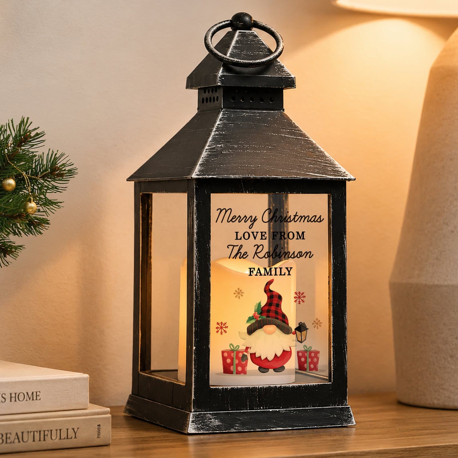 Black Christmas gonk LED lantern with a hoop and personalised text