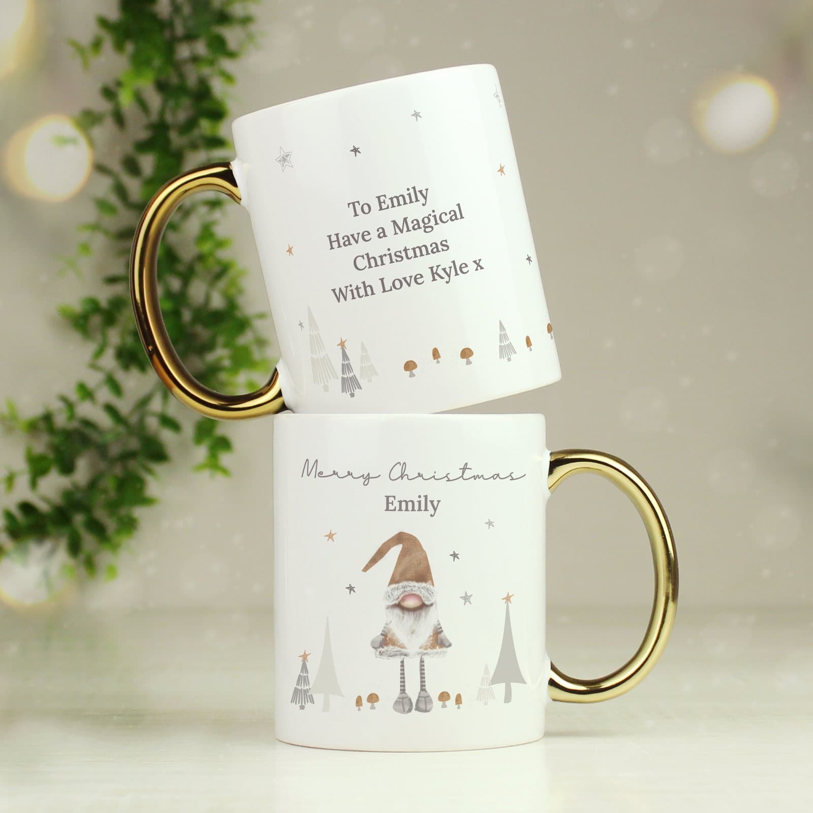 Ceramic Christmas mug with a gonk design and a gold handle