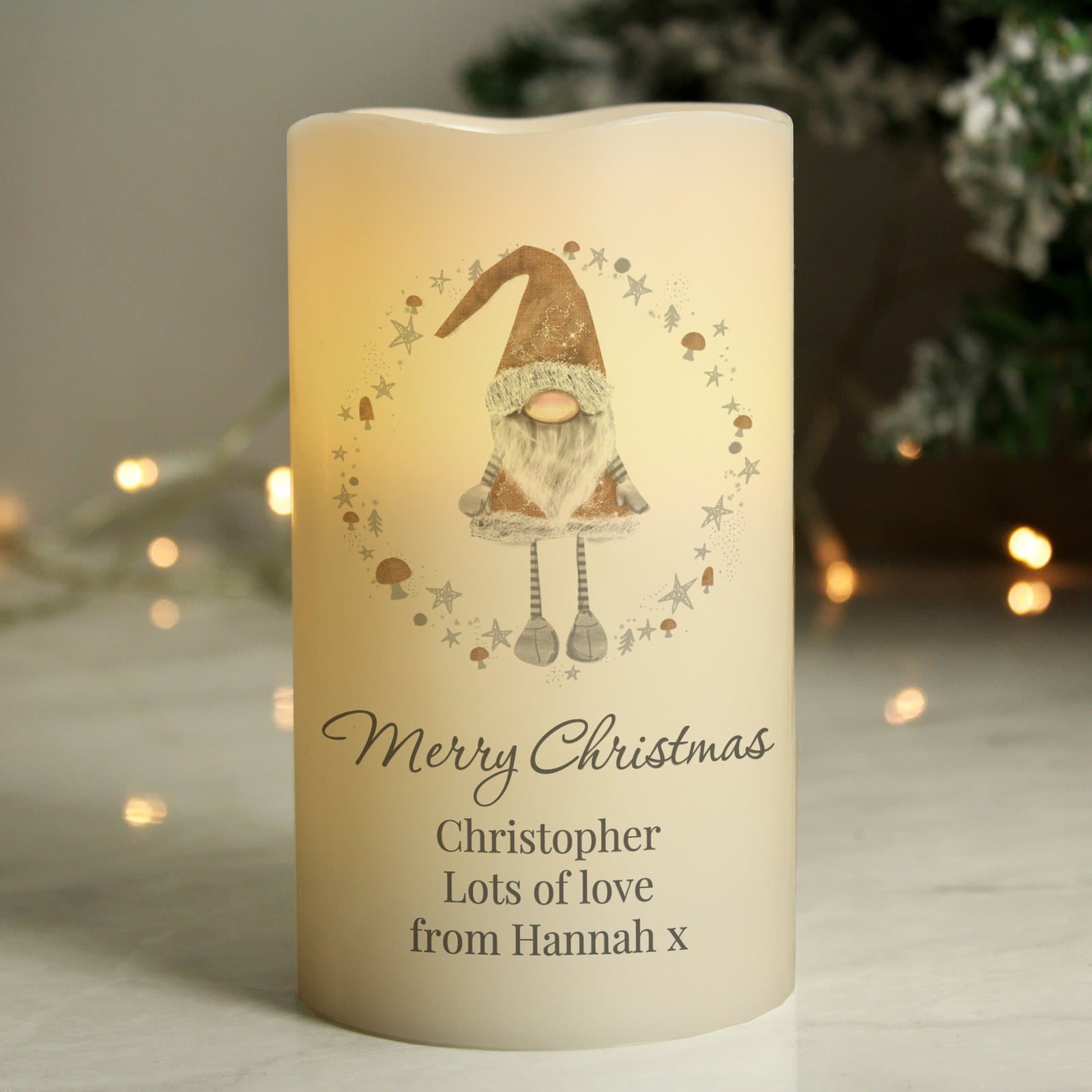 Christmas gonk LED candle with four lines of personalised text