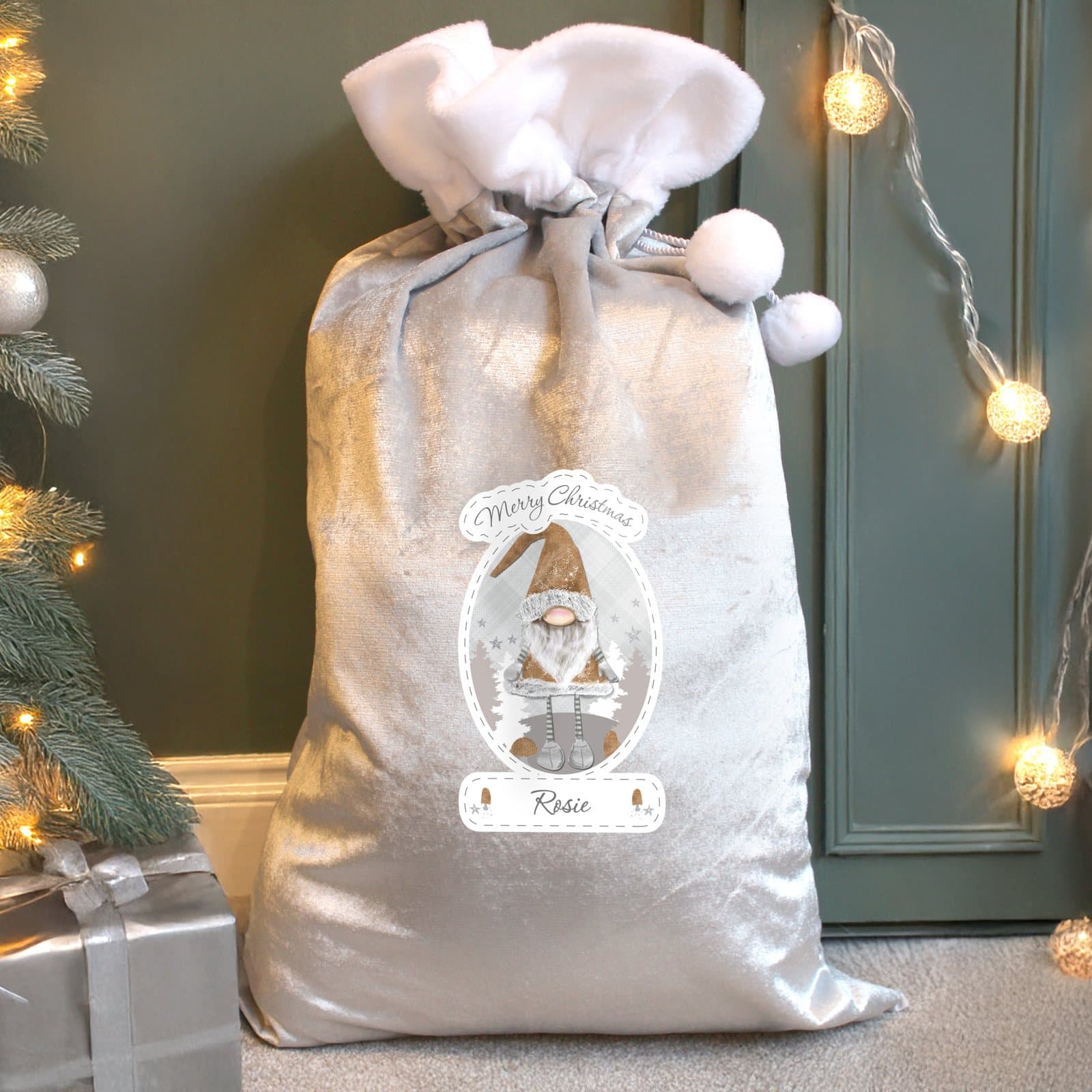 Silver grey gonk Christmas fleece sack with a pom pom, personalised with a name