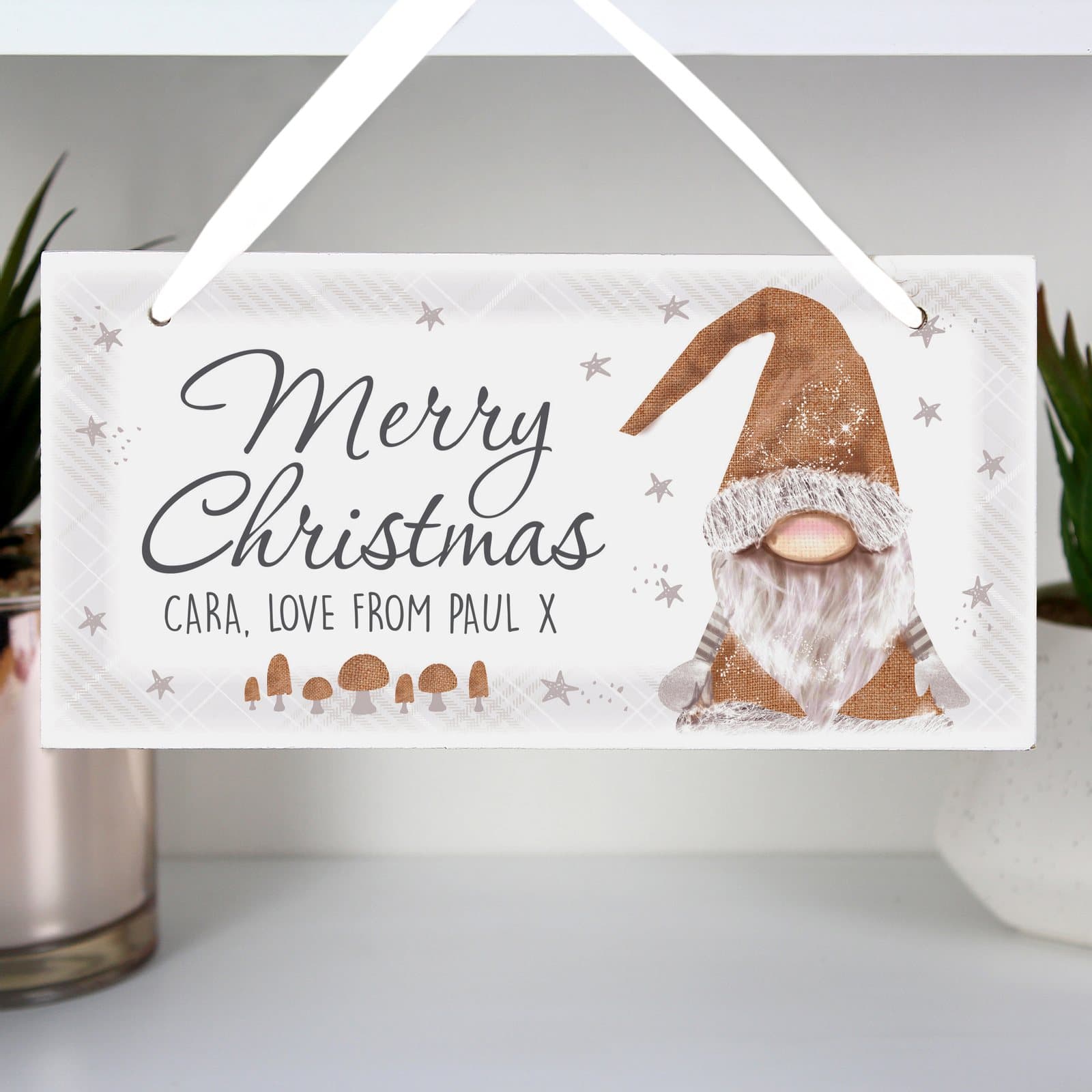Wooden Christmas gonk sign with Merry Christmas wording and ribbon
