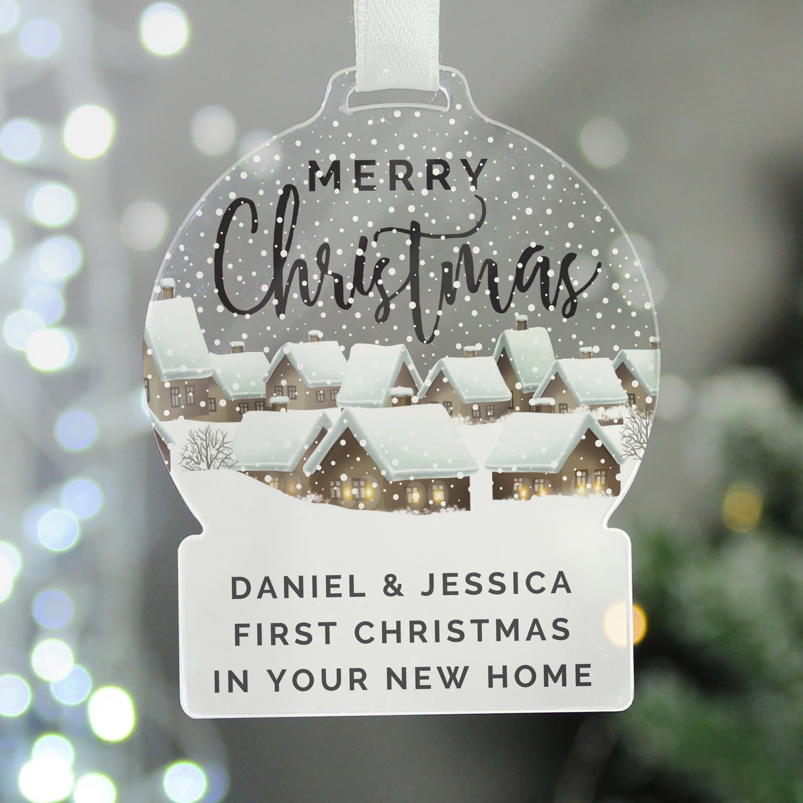 Acrylic snow globe shaped Christmas decoration with white ribbon