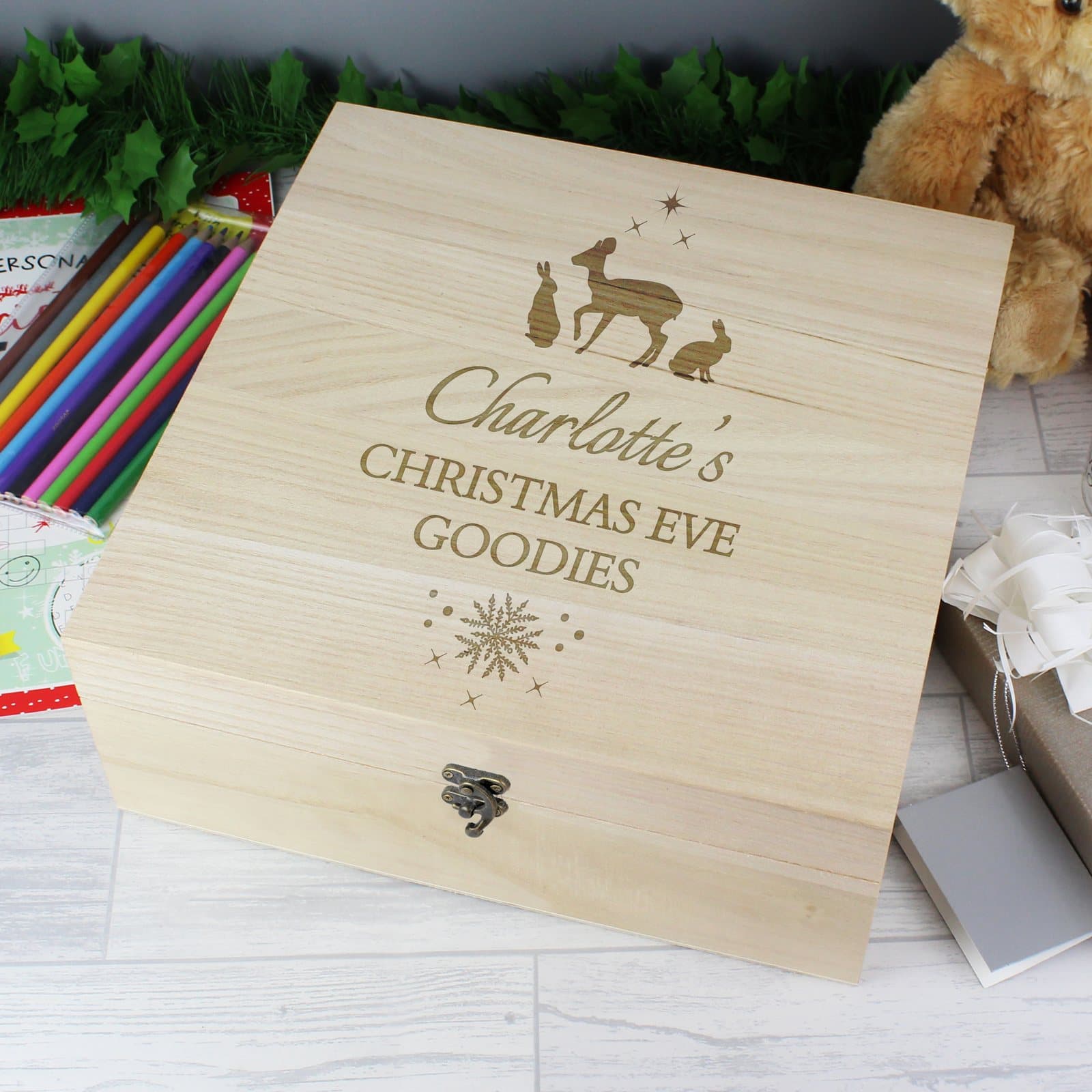 Large wooden keepsake box with a metal clasp and hinges