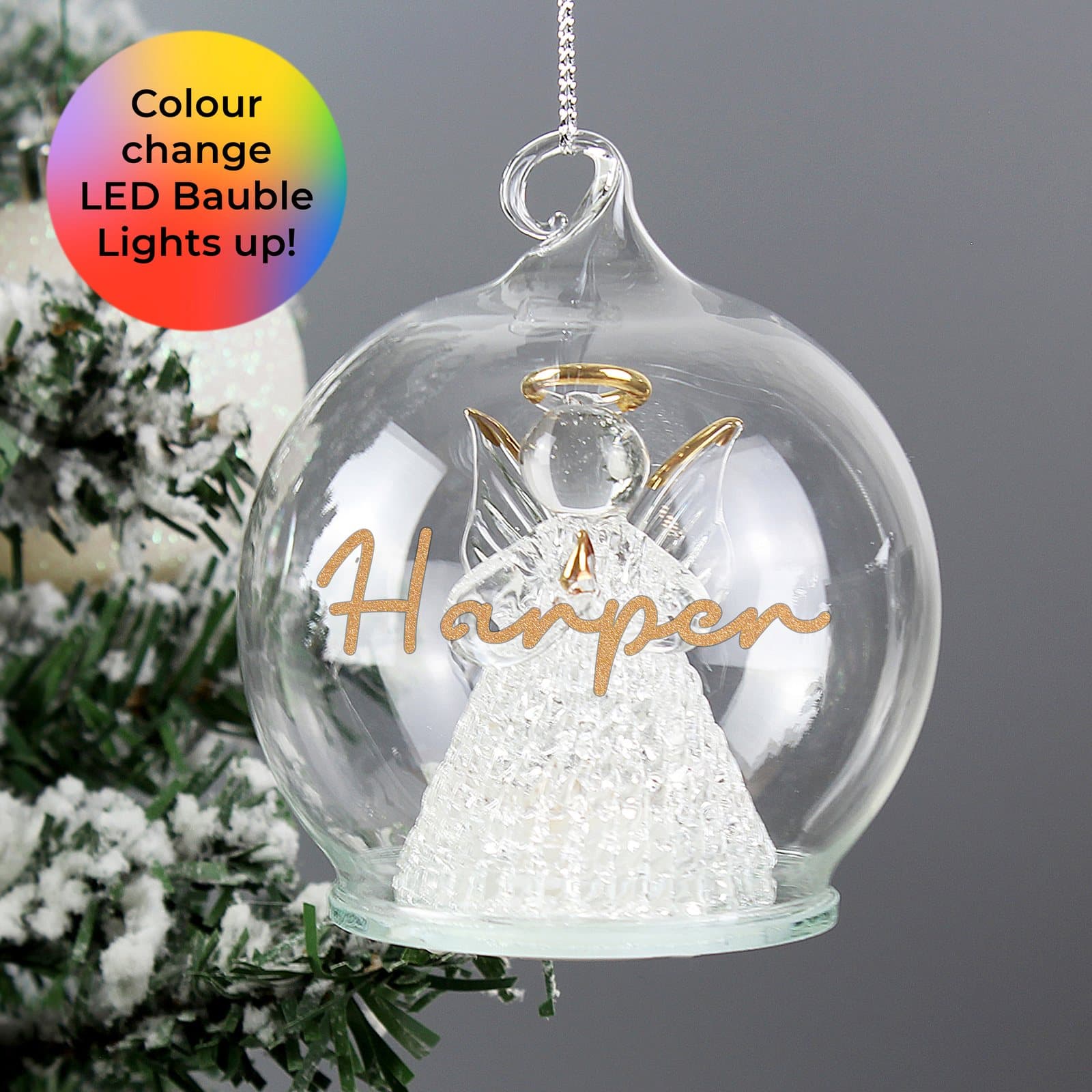 Personalised glass bauble with a light-up LED angel inside