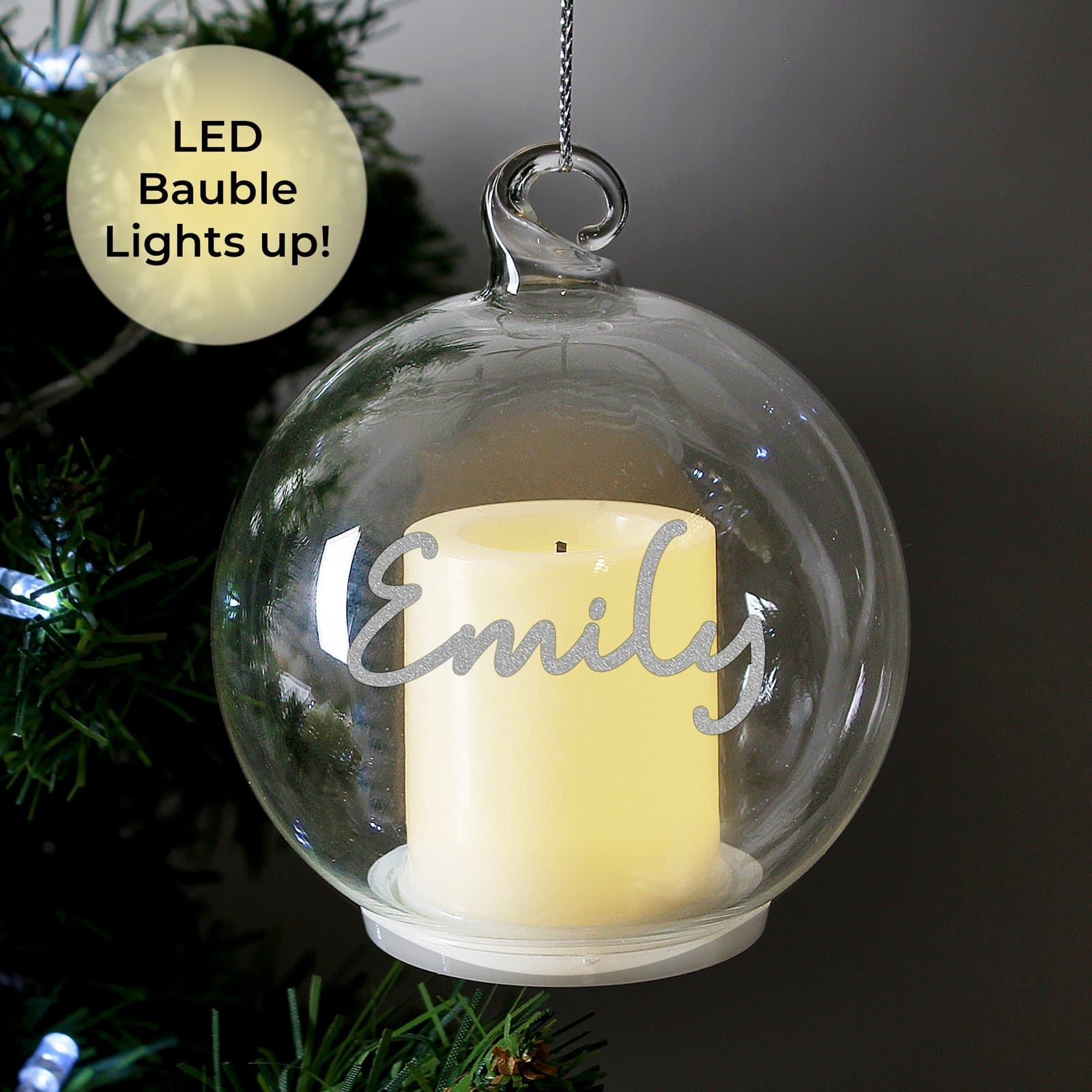 Personalised glass bauble with a flickering LED candle inside