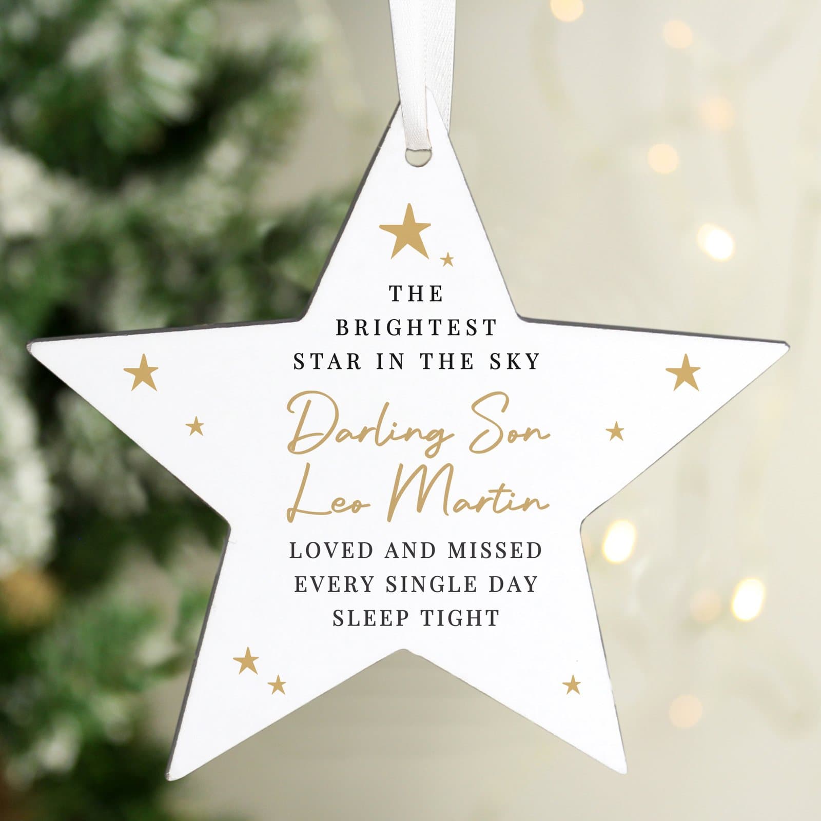 Wooden star ornament with ribbon and personalised memorial text