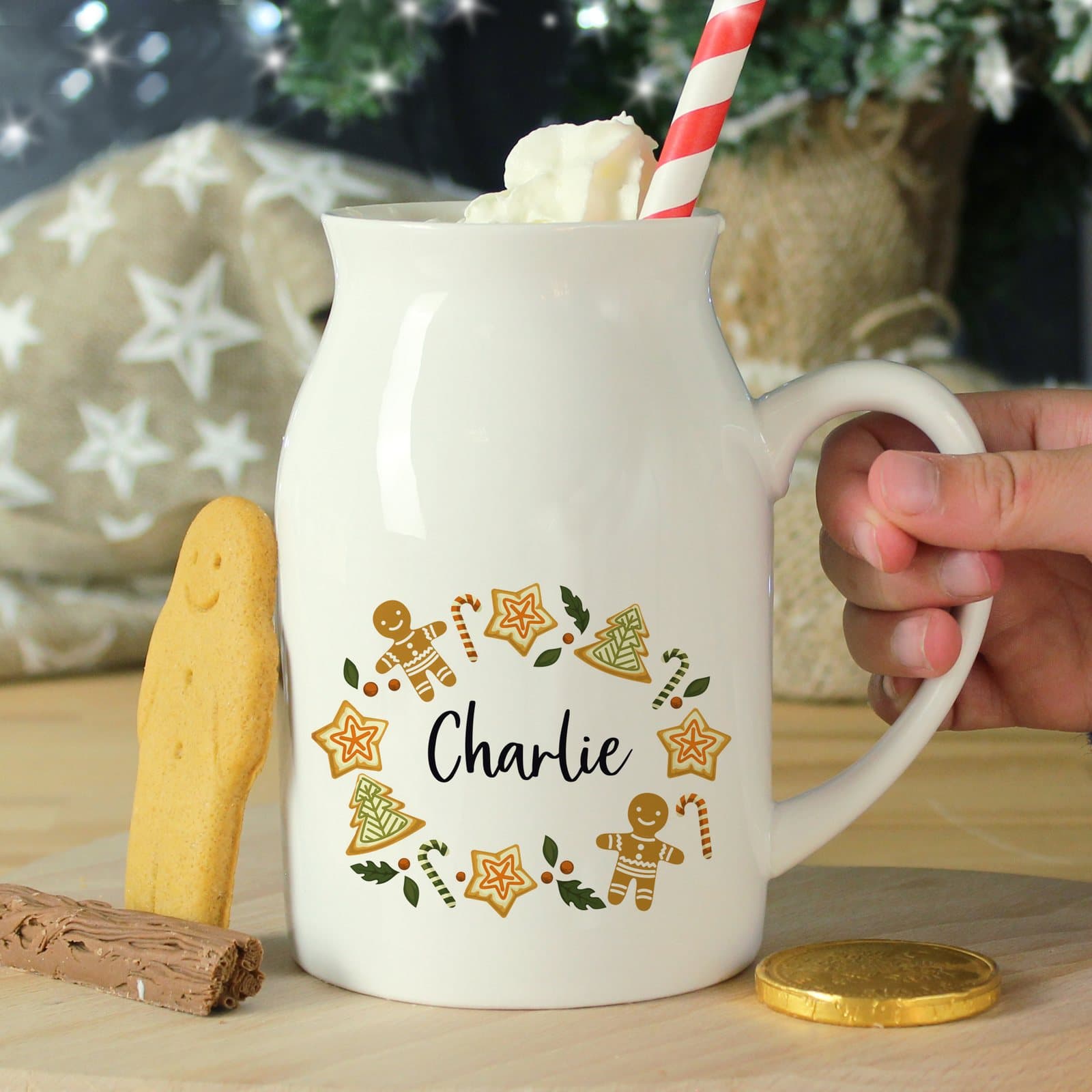 Ceramic Christmas milk jug personalised with a child's name