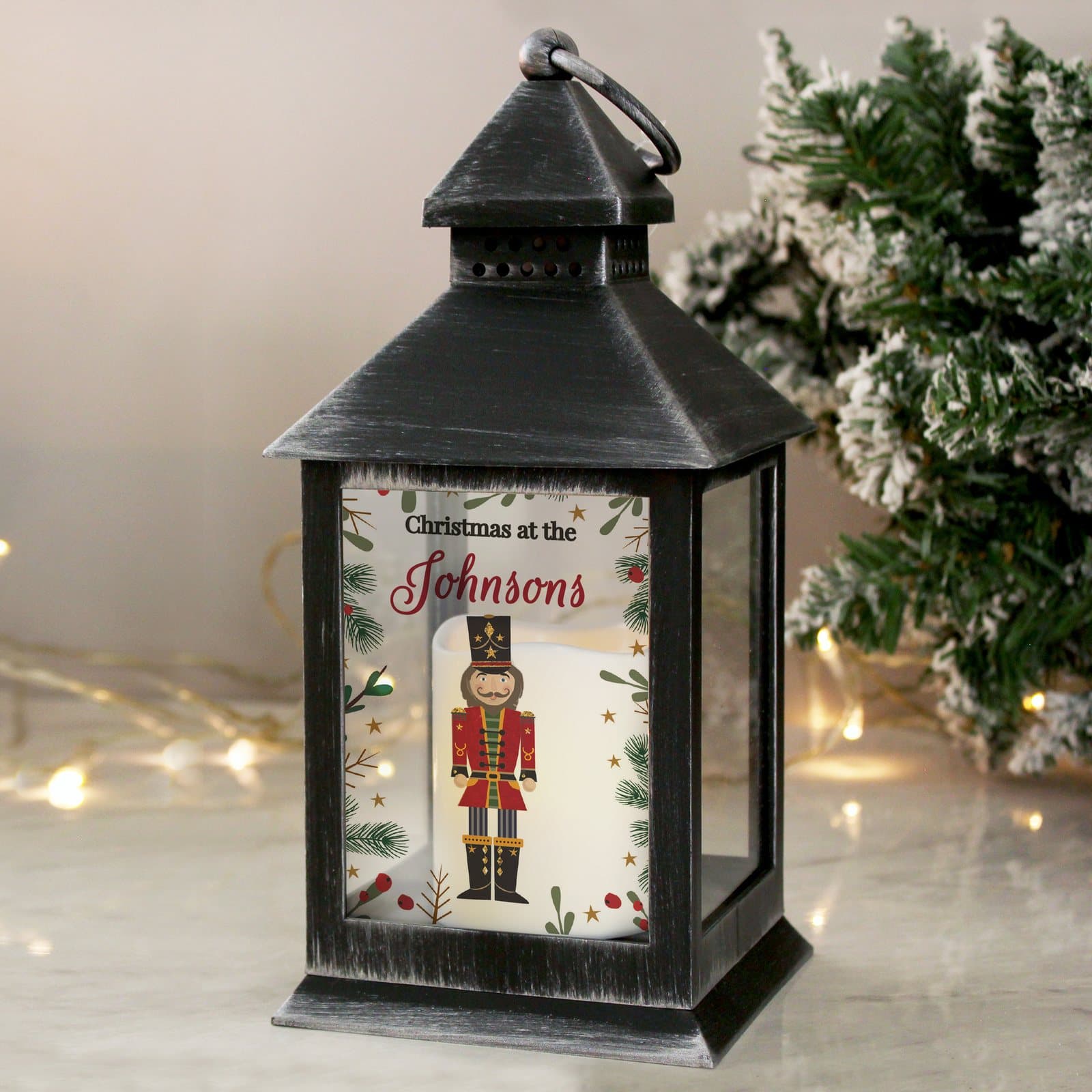 Black nutcracker Christmas lantern with two lines of personalised script text