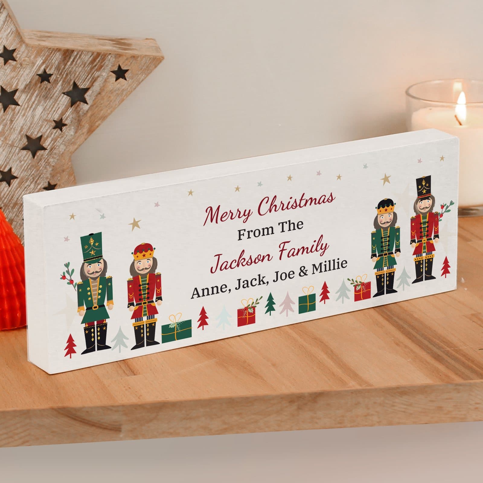 Wooden nutcracker Christmas block sign with four lines of personalised text