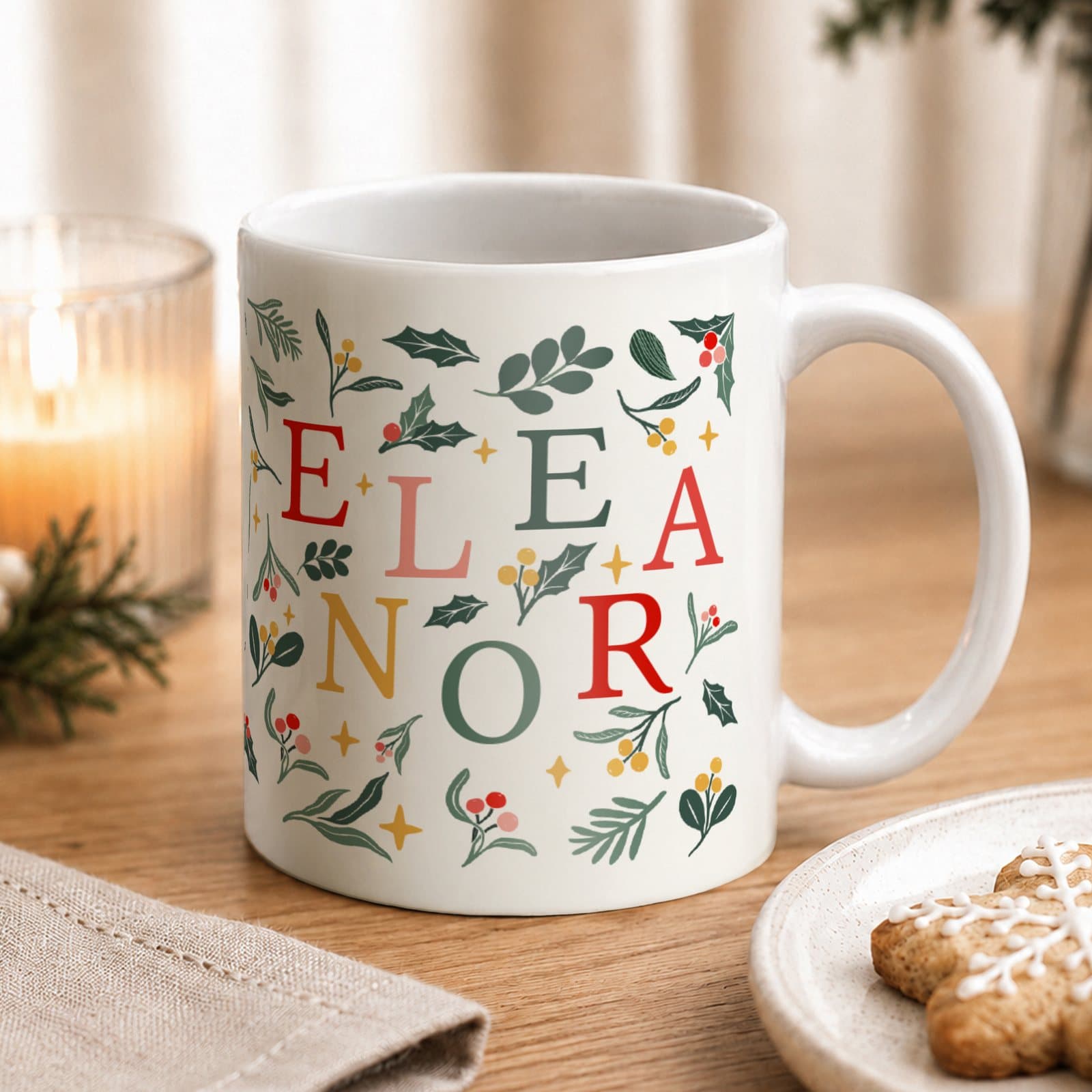 Personalised ceramic Christmas mug with a poinsettia design