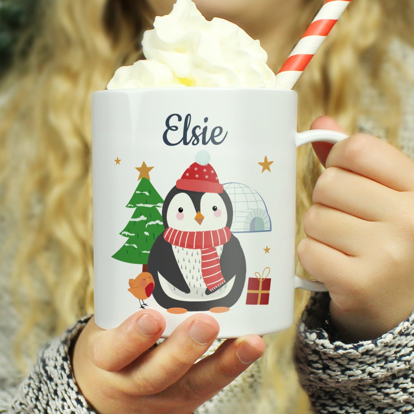 Personalised Christmas penguin plastic mug for children