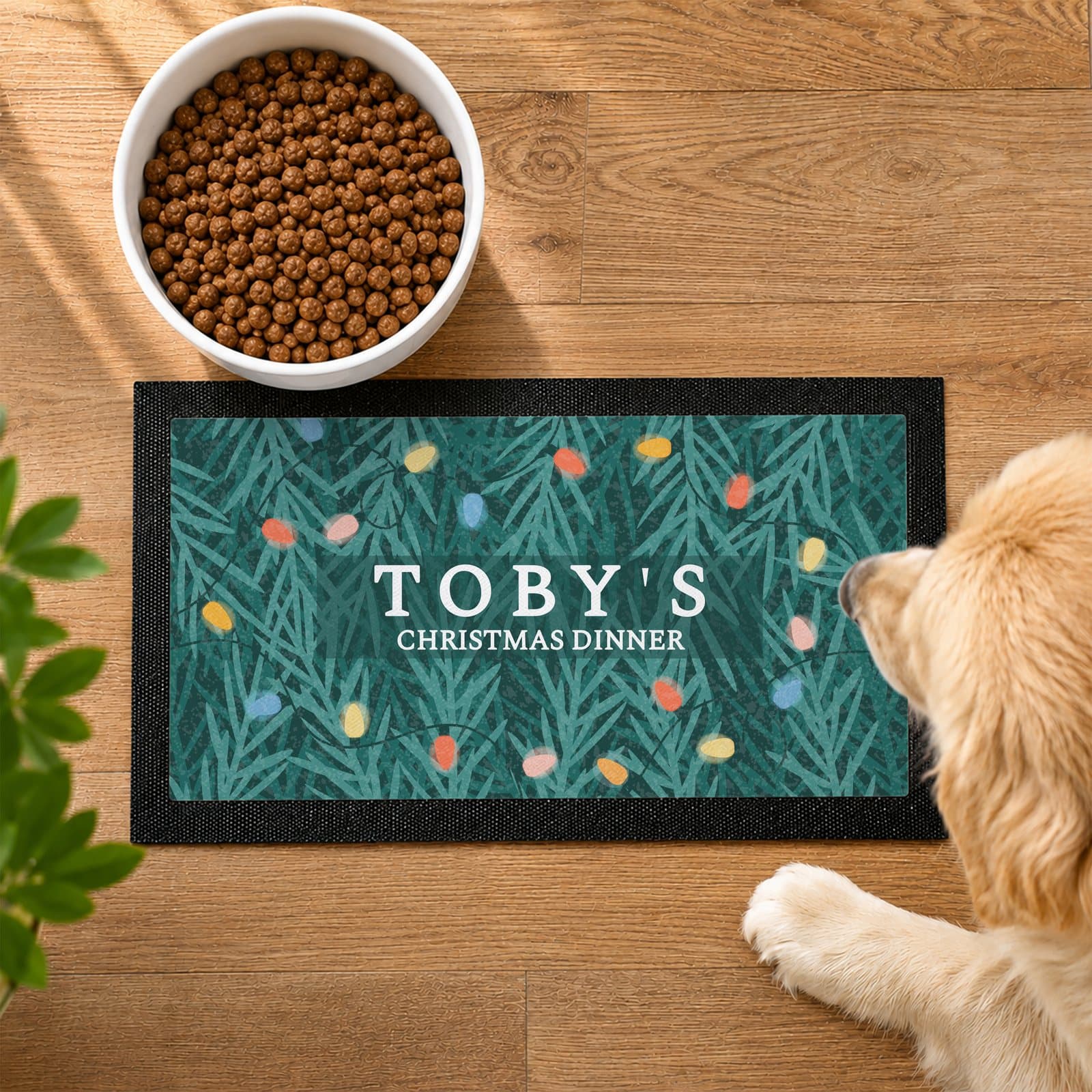 Pet bowl mat with retro Christmas fairy lights design and a personalised name