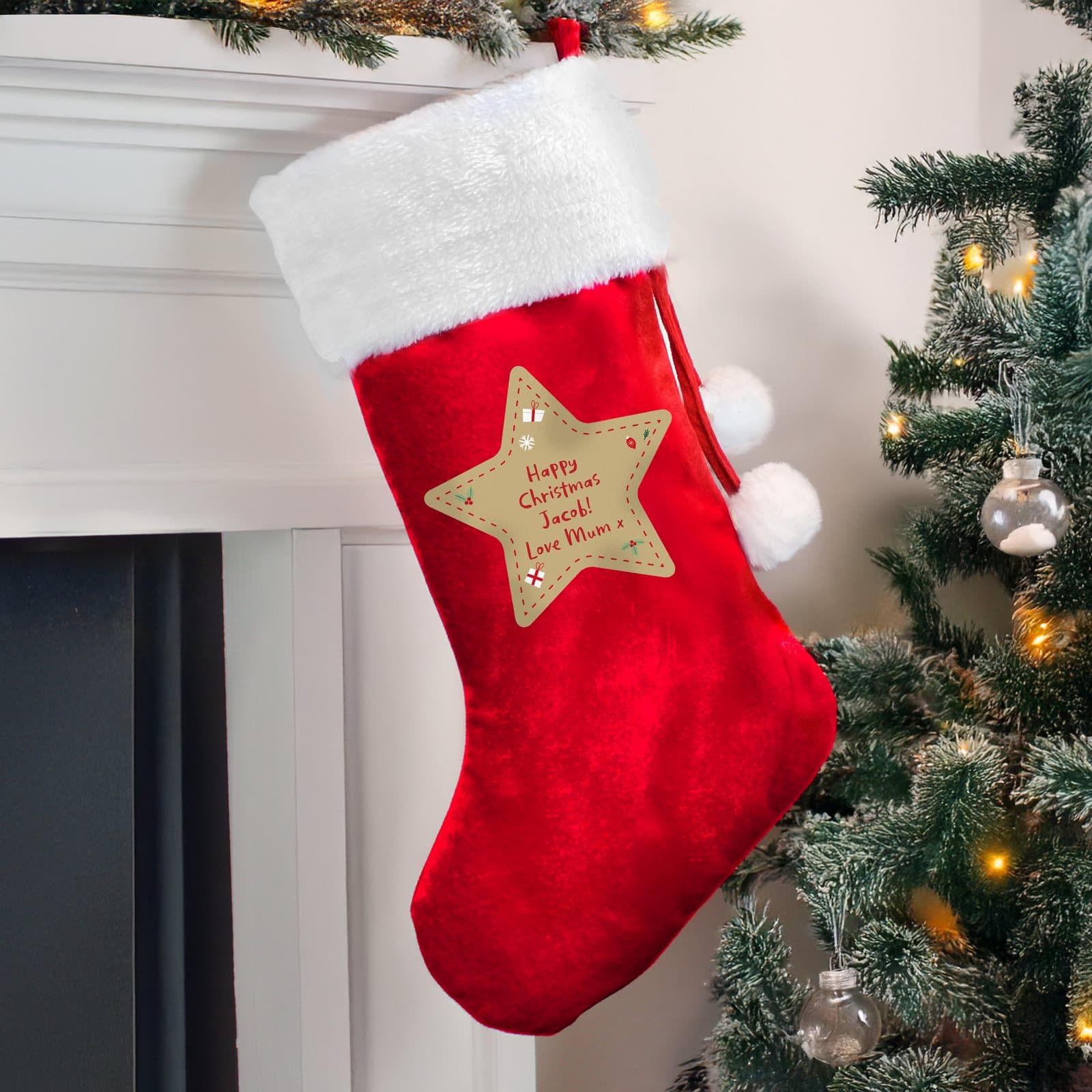 Red Christmas stocking with four lines of personalised text