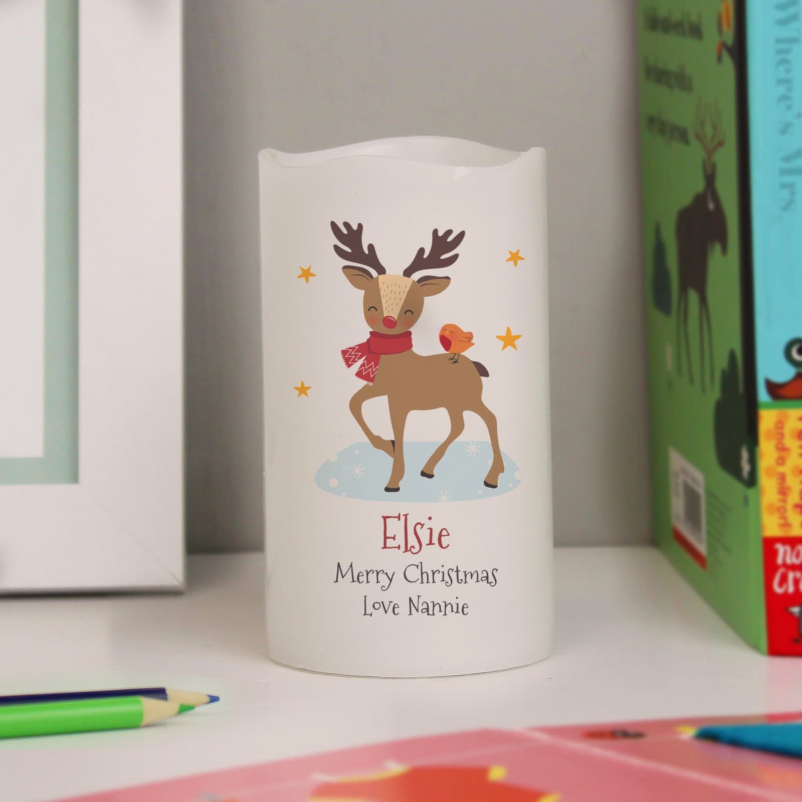 Personalised Christmas reindeer LED candle with three lines of text