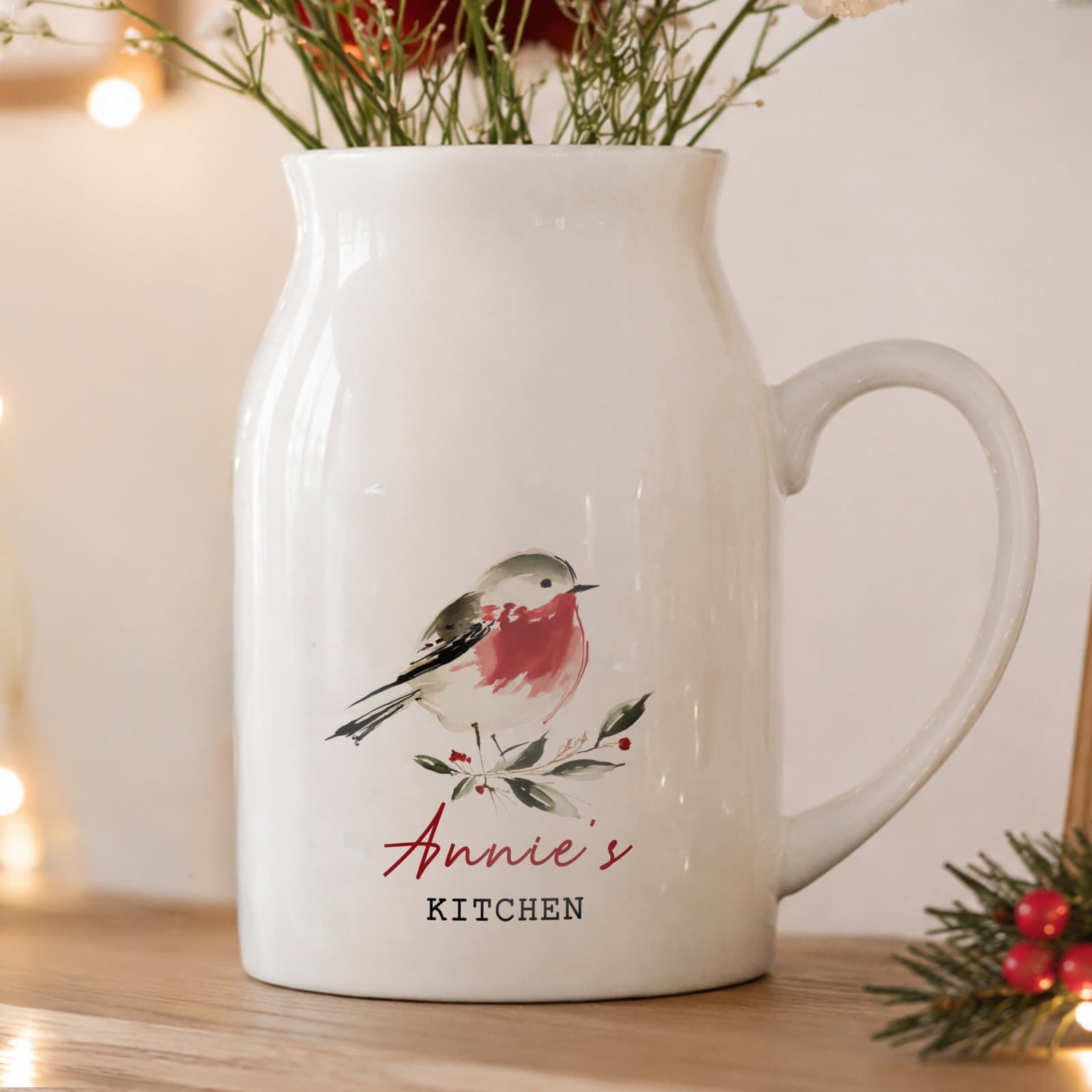 Ceramic jug vase with a watercolour robin and personalised text