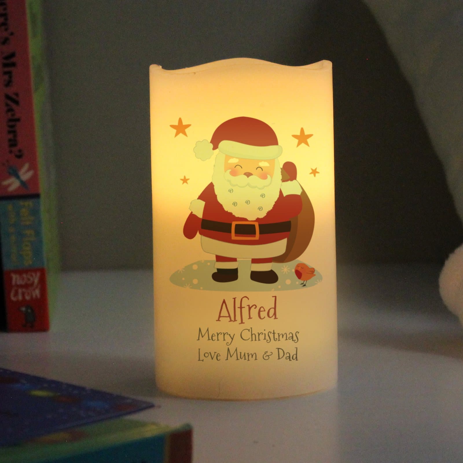 Personalised Christmas Santa LED candle with three lines of text