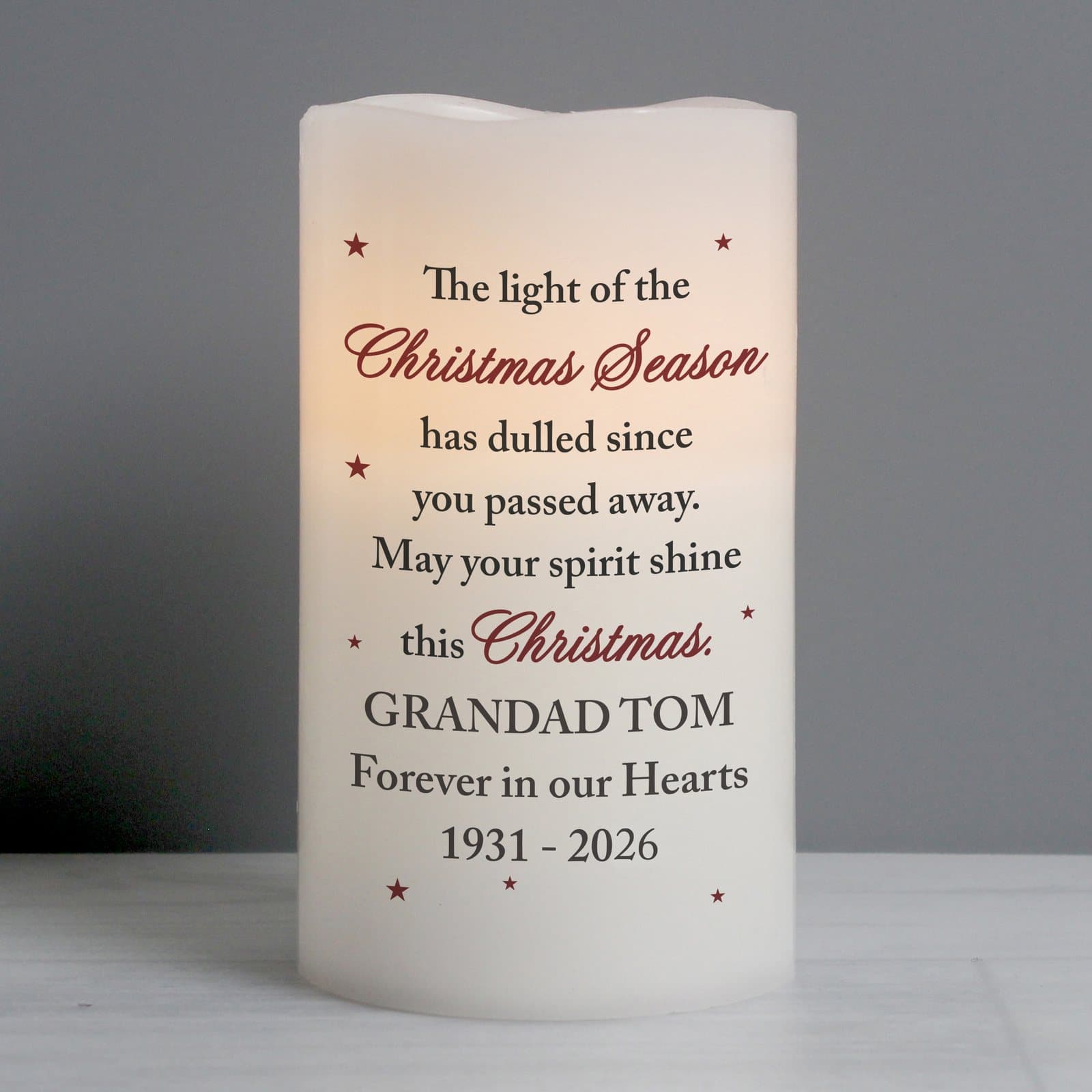 Personalised Christmas memorial LED candle with a flame effect and organza bag