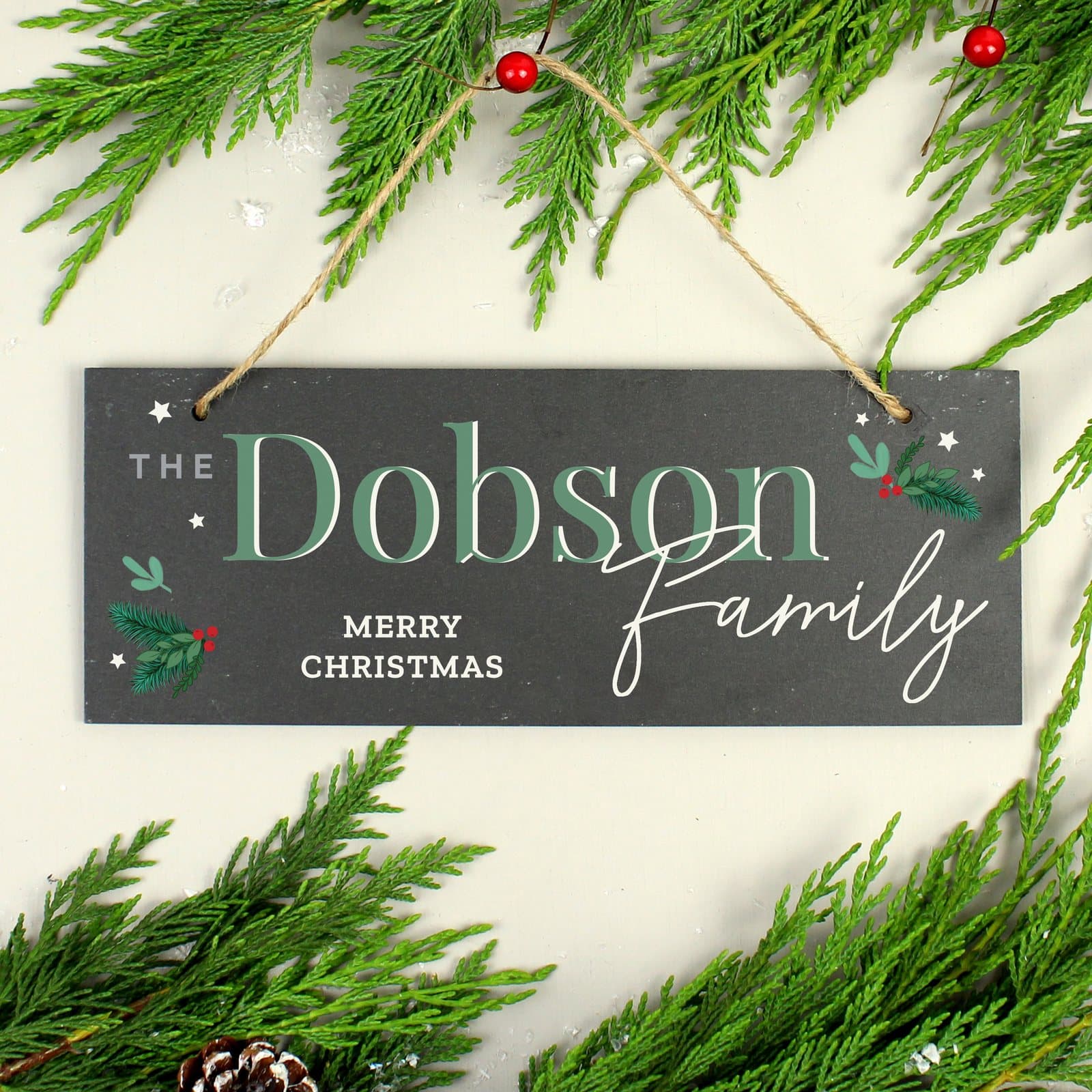 Rectangle hanging slate plaque with a festive Christmas design and four lines of text