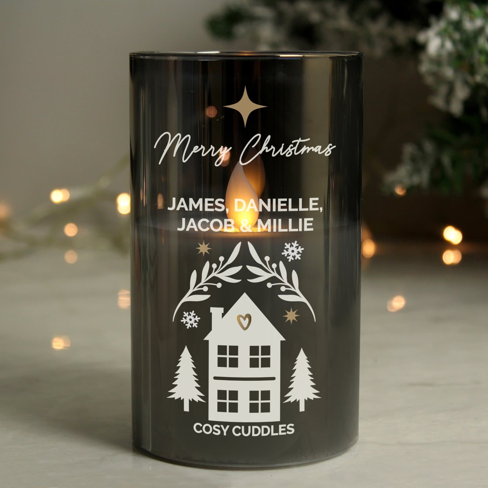 Glass LED candle with an amber flame and a personalised Christmas message