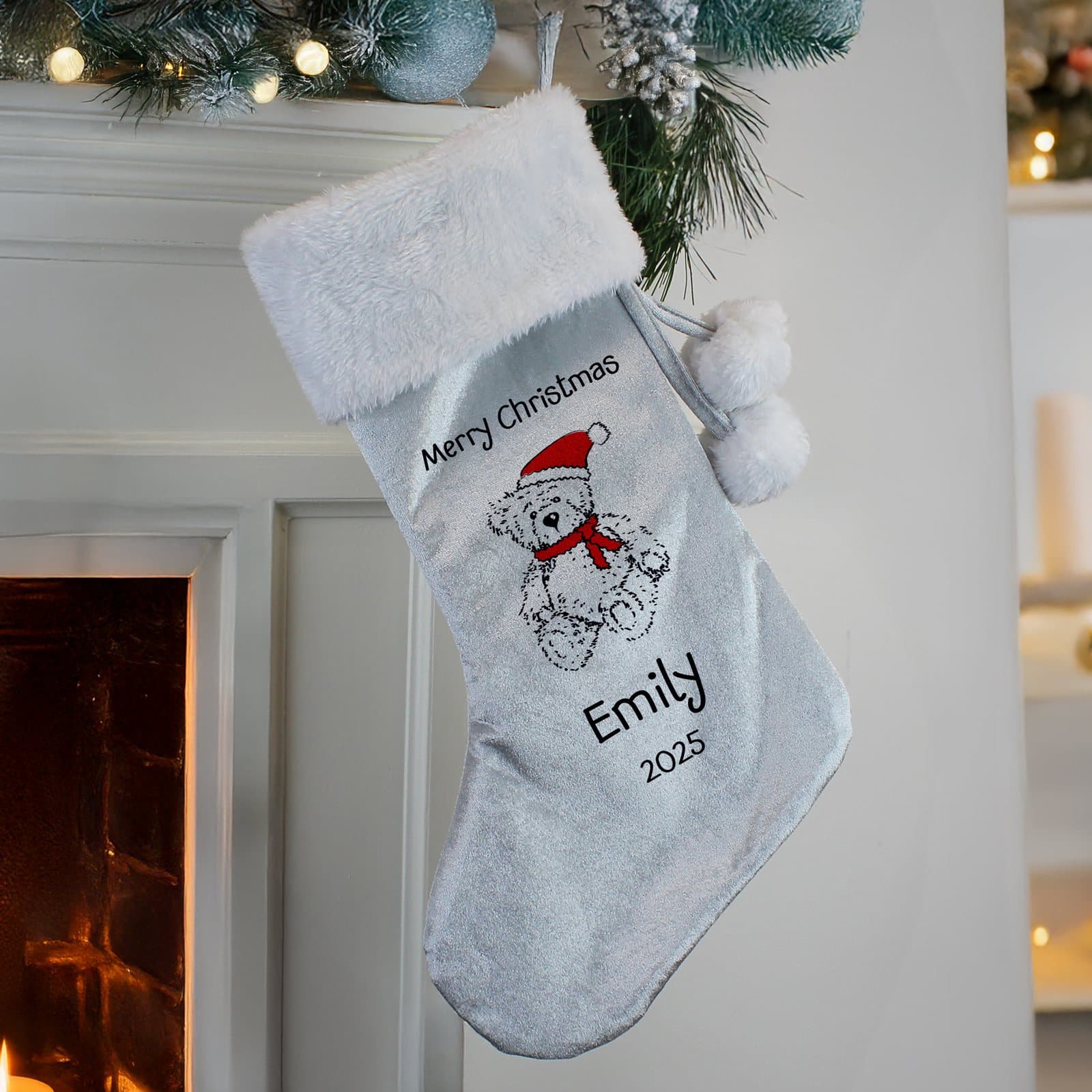 Silver grey velvet Christmas stocking with a teddy bear and a plush white cuff