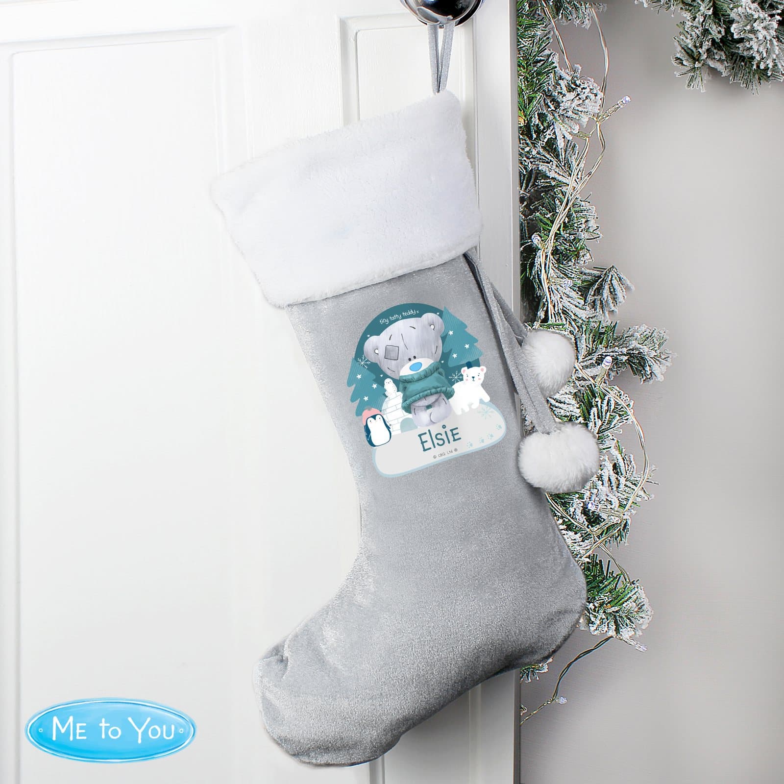 Silver grey fleece Christmas stocking with a drawstring